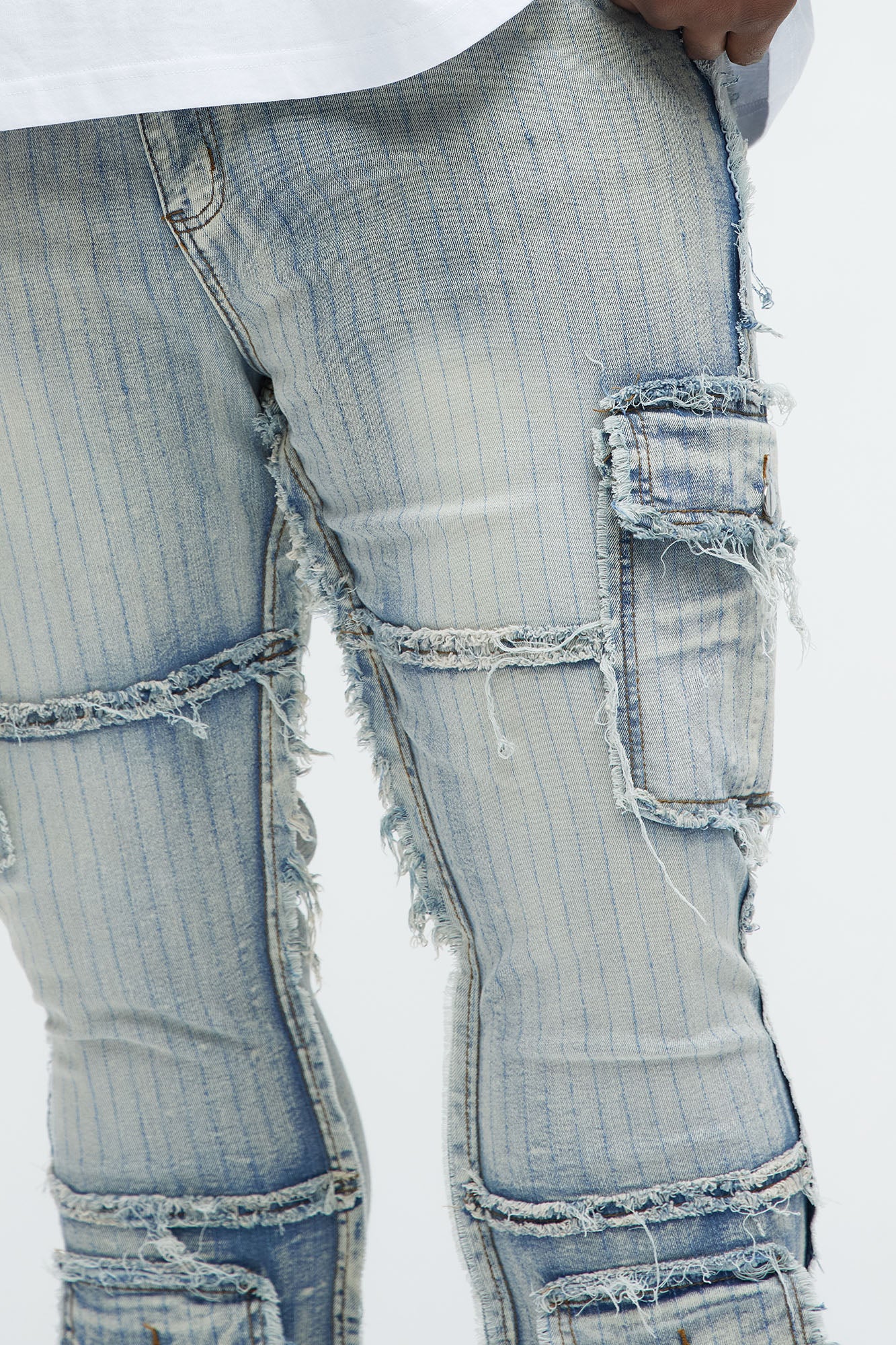 Stitched Down Cargo Stacked Skinny Flare Jeans - Light Wash - Image 10