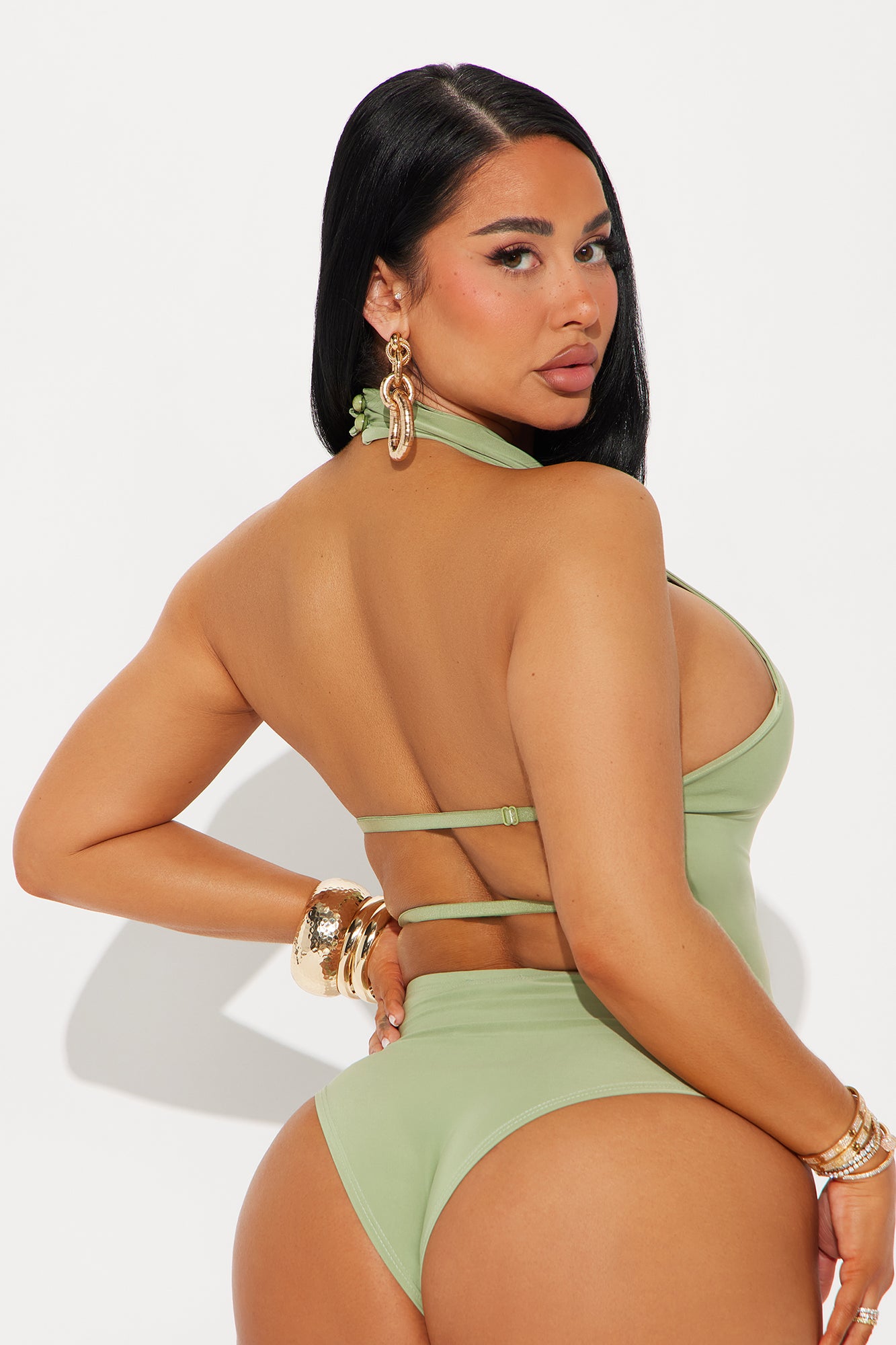 Trista Mock Neck Halter Bodysuit - Sage - Image 4