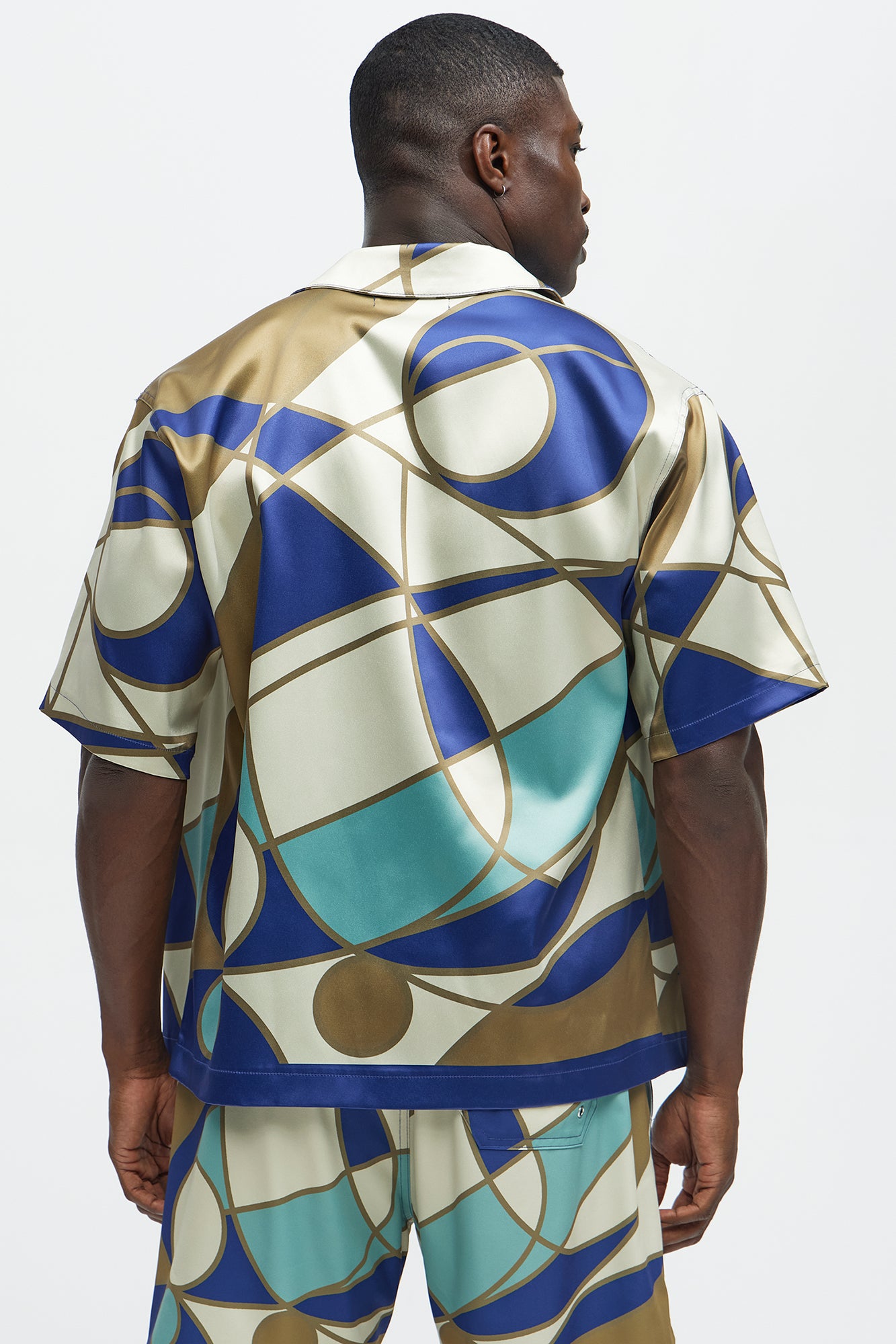 Geometric Paneled Cuban Collar Button Up Shirt - Multi Color - Image 3