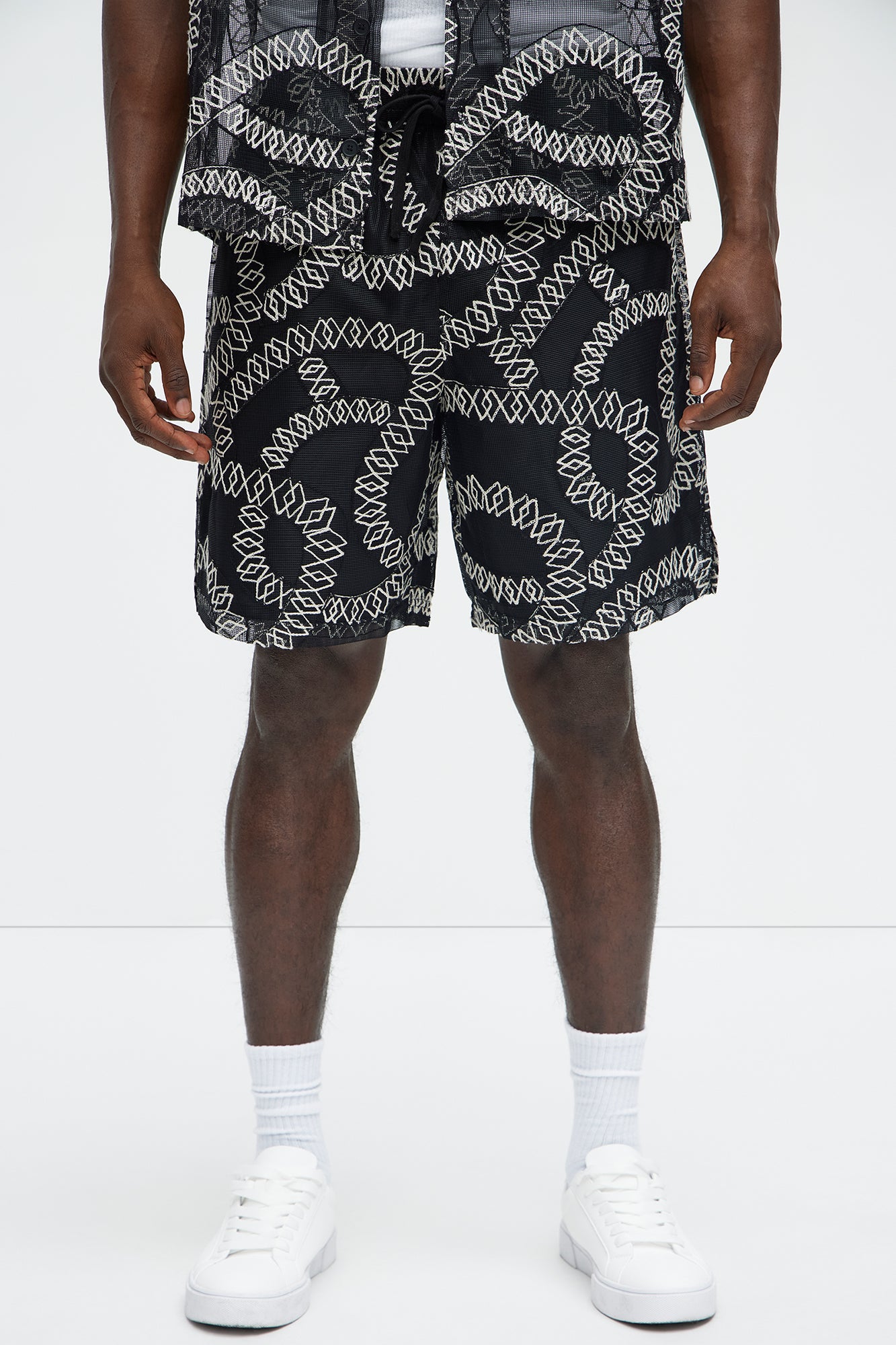 Embroidered Netting Relaxed Shorts - Black - Image 3
