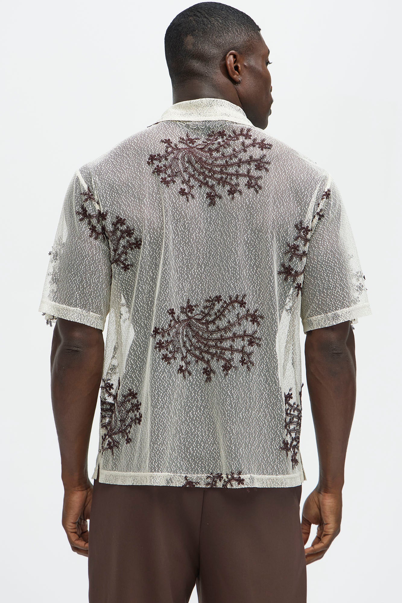 Plant Embroidered Cuban Mesh Shirt - Cream - Image 5