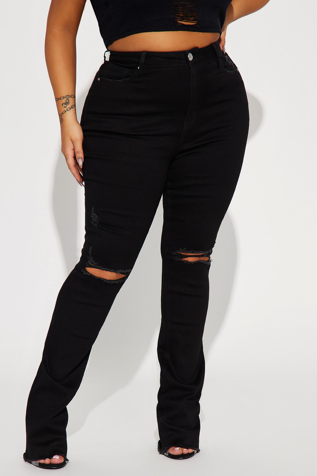 After Dark Ripped High Rise Stretch Bootcut Jeans - Black - Image 5