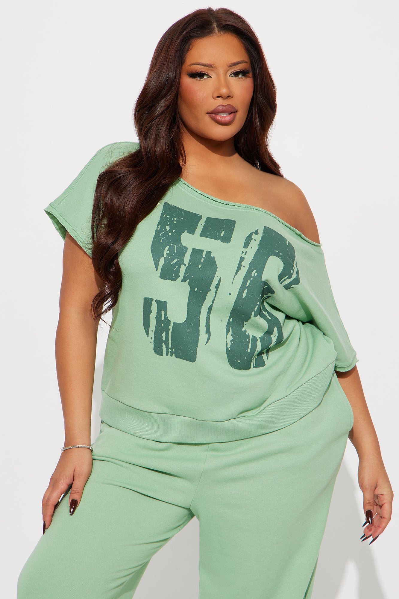 56 Off Shoulder Jogger Set - Sage - Image 5