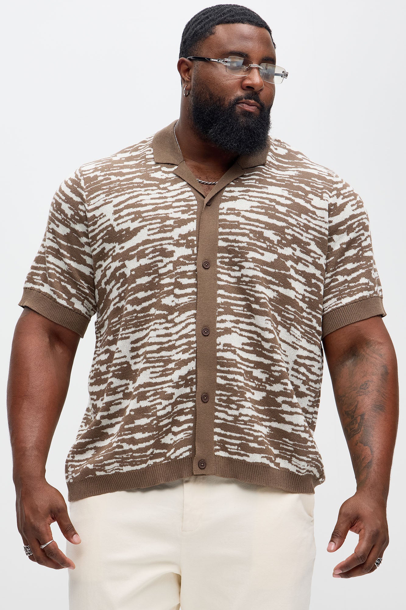 Zebra Pattern Knit Button Down Shirt - Brown Combo - Image 4
