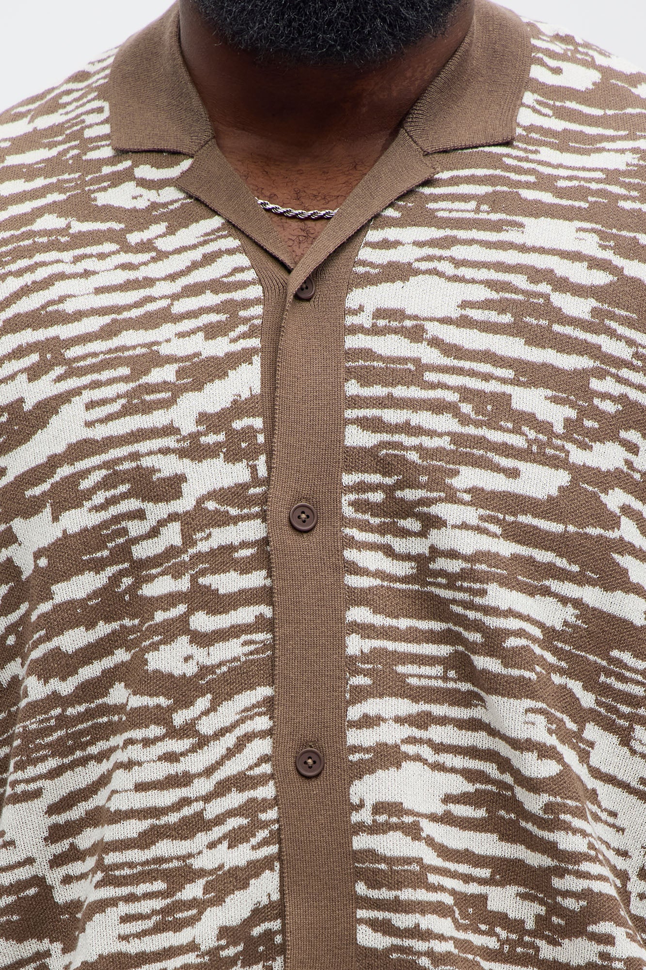 Zebra Pattern Knit Button Down Shirt - Brown Combo - Image 6