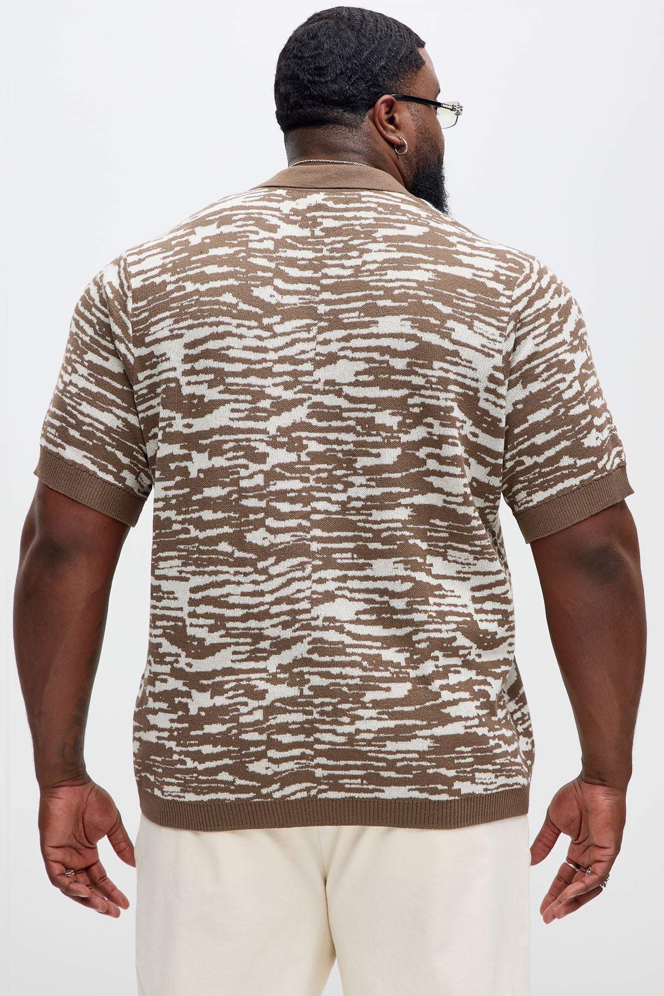 Zebra Pattern Knit Button Down Shirt - Brown Combo - Image 7