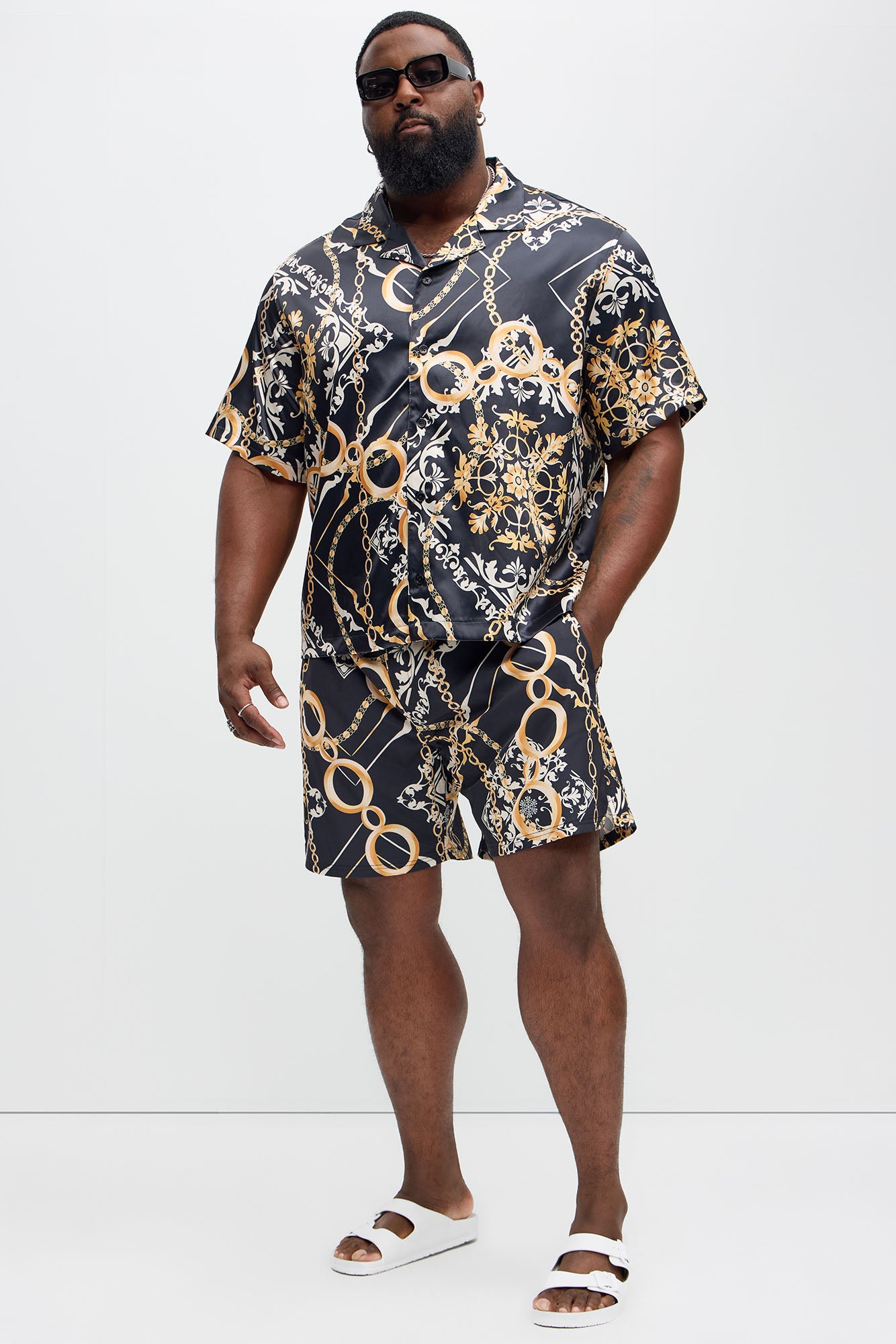 Baroque Chain Cuban Collar Button Up Shirt - Black/Gold - Image 6