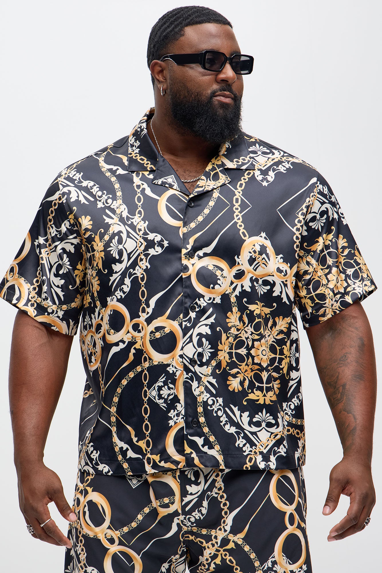 Baroque Chain Cuban Collar Button Up Shirt - Black/Gold - Image 5