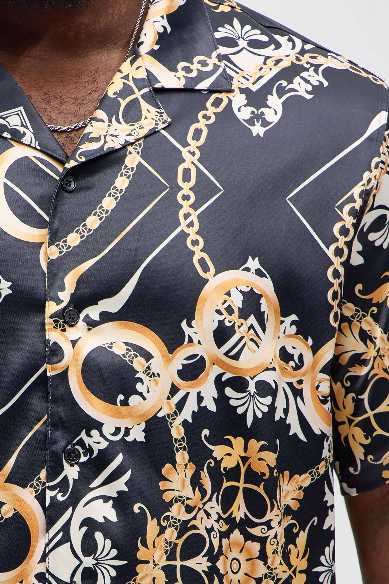 Baroque Chain Cuban Collar Button Up Shirt - Black/Gold - Image 7