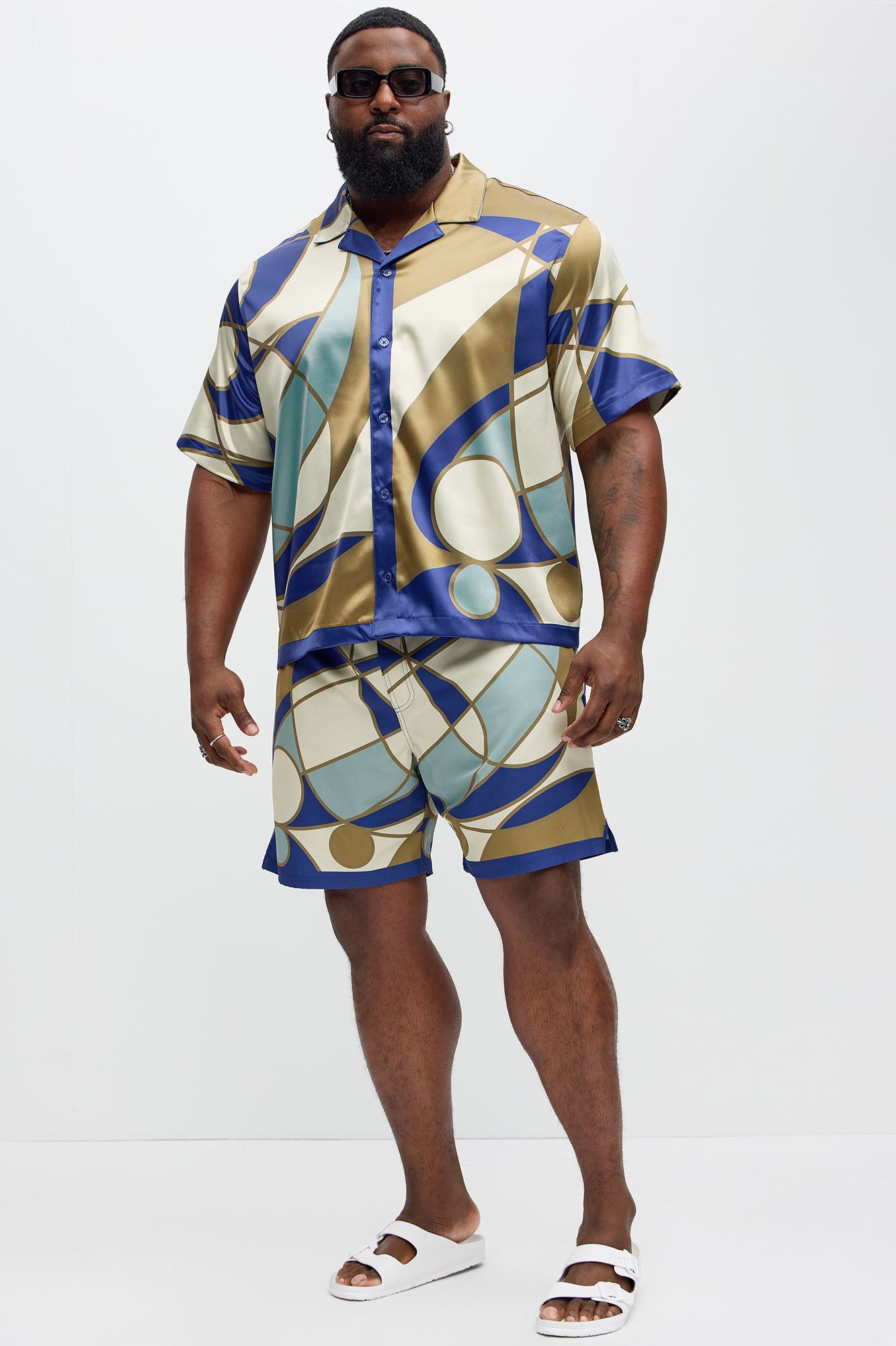Geometric Paneled Cuban Collar Button Up Shirt - Multi Color - Image 5
