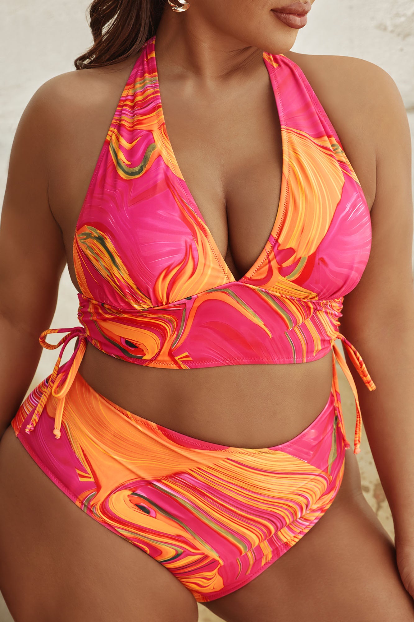 Wavy Summer Halter Tankini 2 Piece Bikini - Orange/combo - Image 5