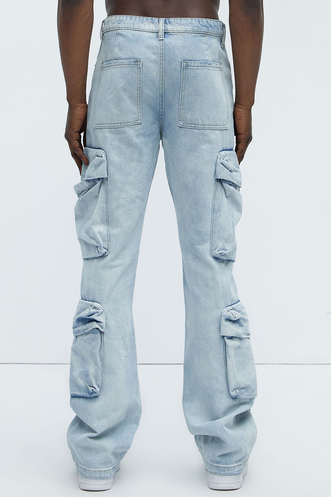 Xavier Distressed Stacked Slim Flare Jeans - Light Blue Wash - Image 5