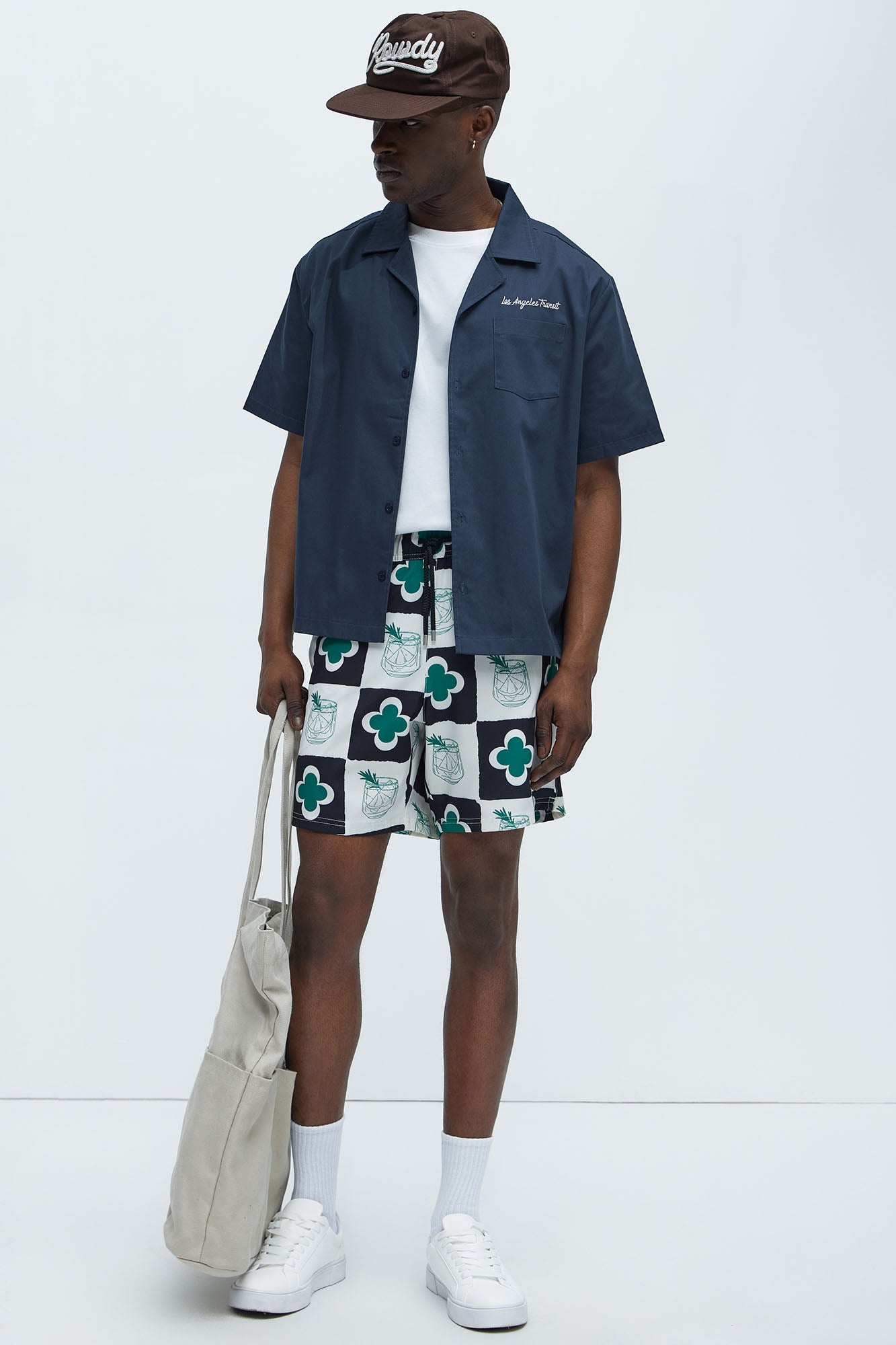 Back Embroidered Cuban Collar Button Up Shirt - Navy - Image 3