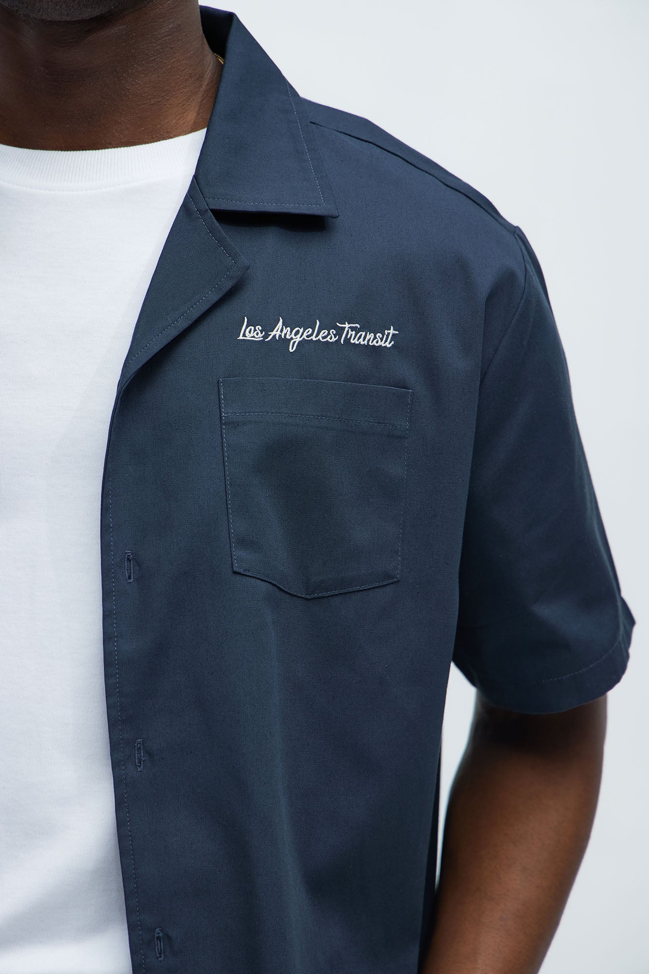 Back Embroidered Cuban Collar Button Up Shirt - Navy - Image 4