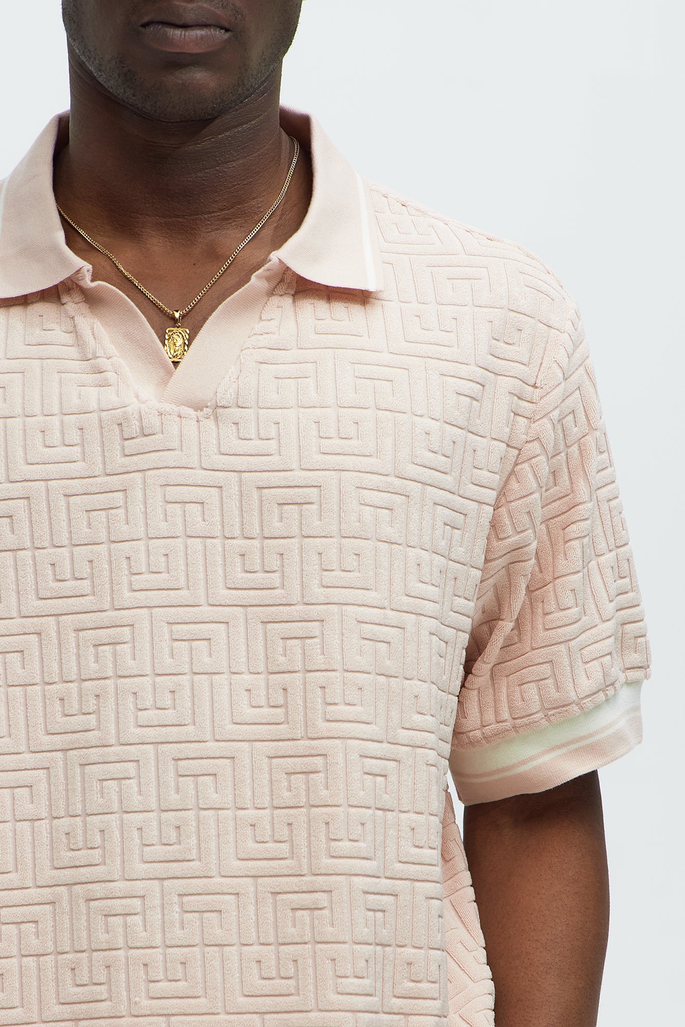 Grecian Textured Johnny Collar Polo Shirt - Pink - Image 3