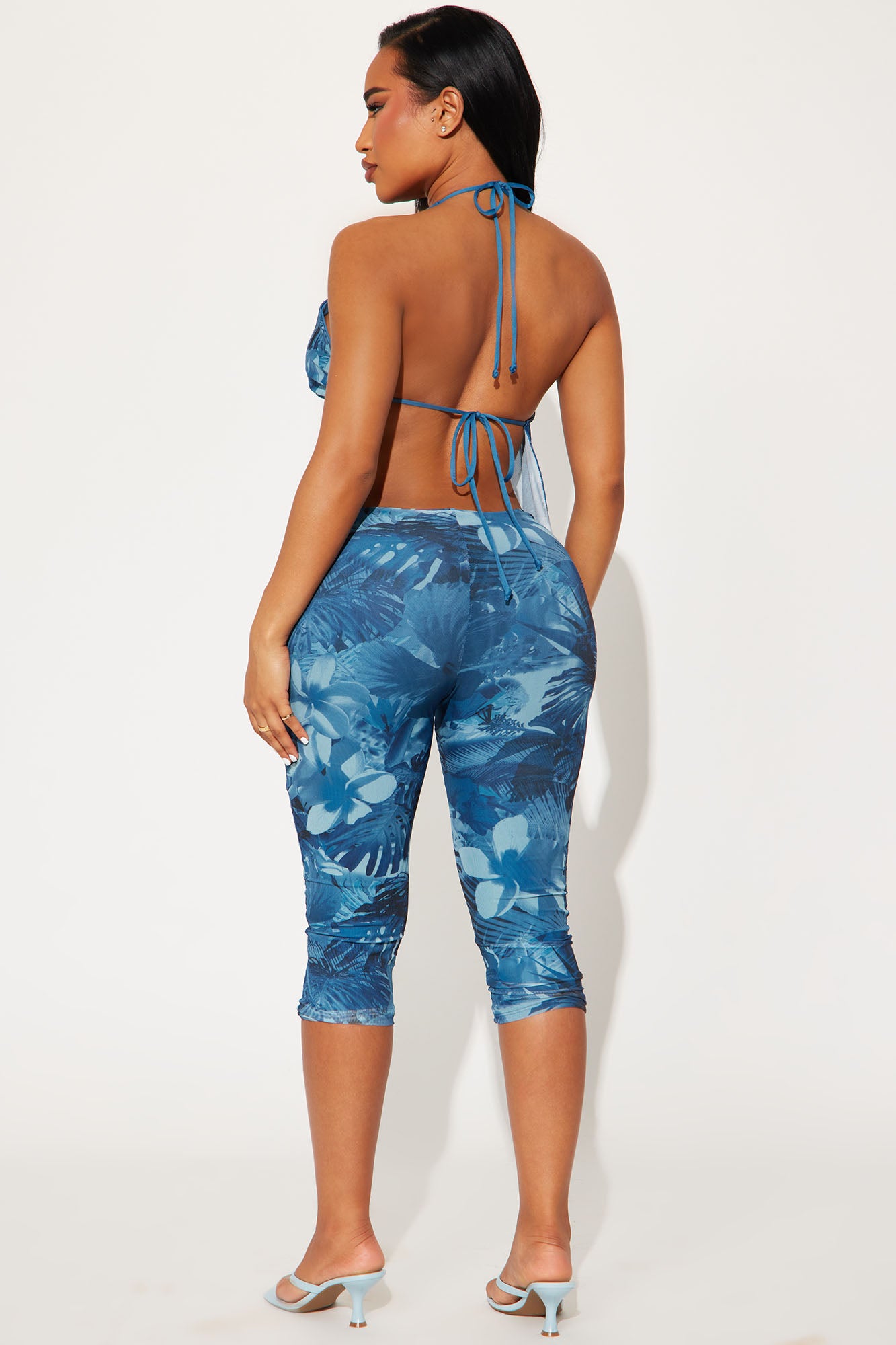 Cherry Blossom Floral Mesh Capri Set - Blue - Image 3