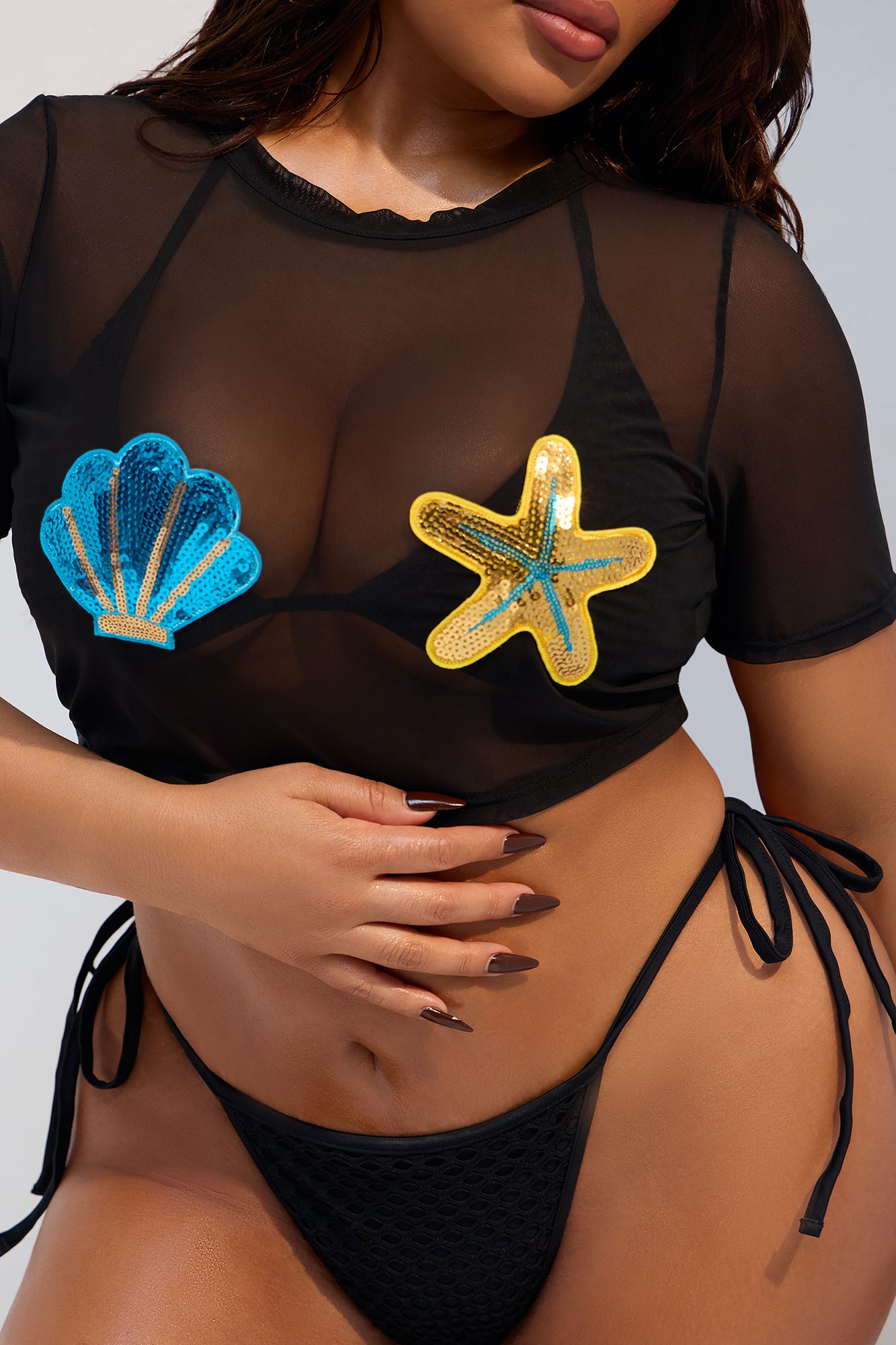Raelyn Sequin Starfish & Seashell Mesh 3 Piece Bikini Set - Black/combo - Image 6