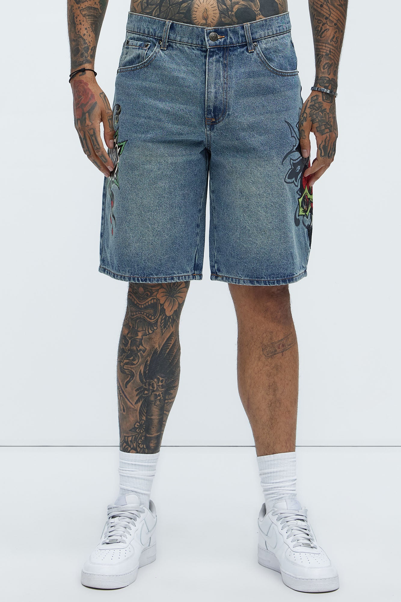 Ed Hardy Relaxed Sacred Heart Denim Shorts - Vintage Blue Wash - Image 3