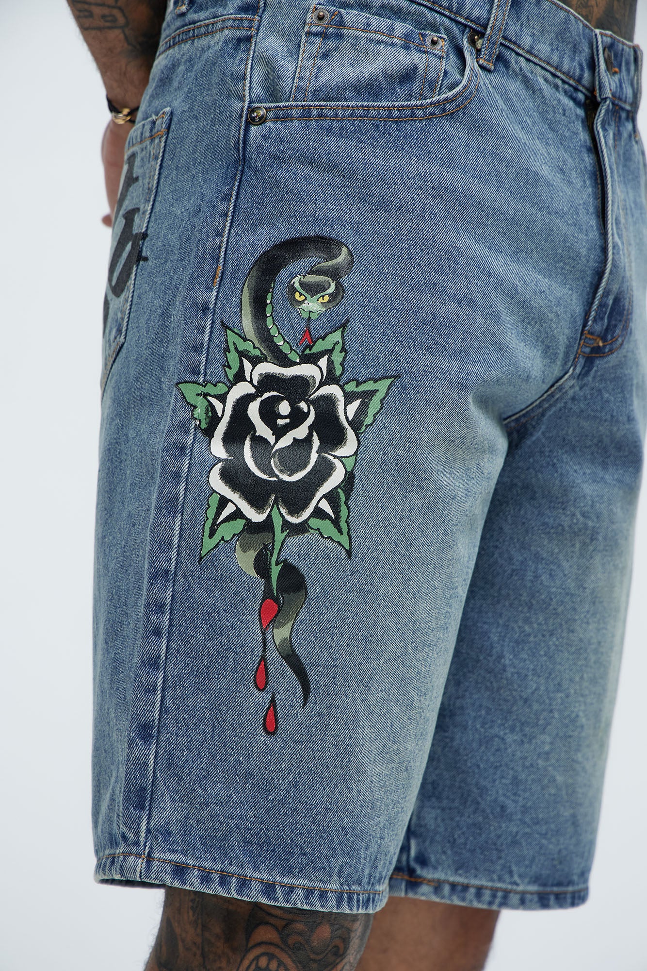 Ed Hardy Relaxed Sacred Heart Denim Shorts - Vintage Blue Wash - Image 4