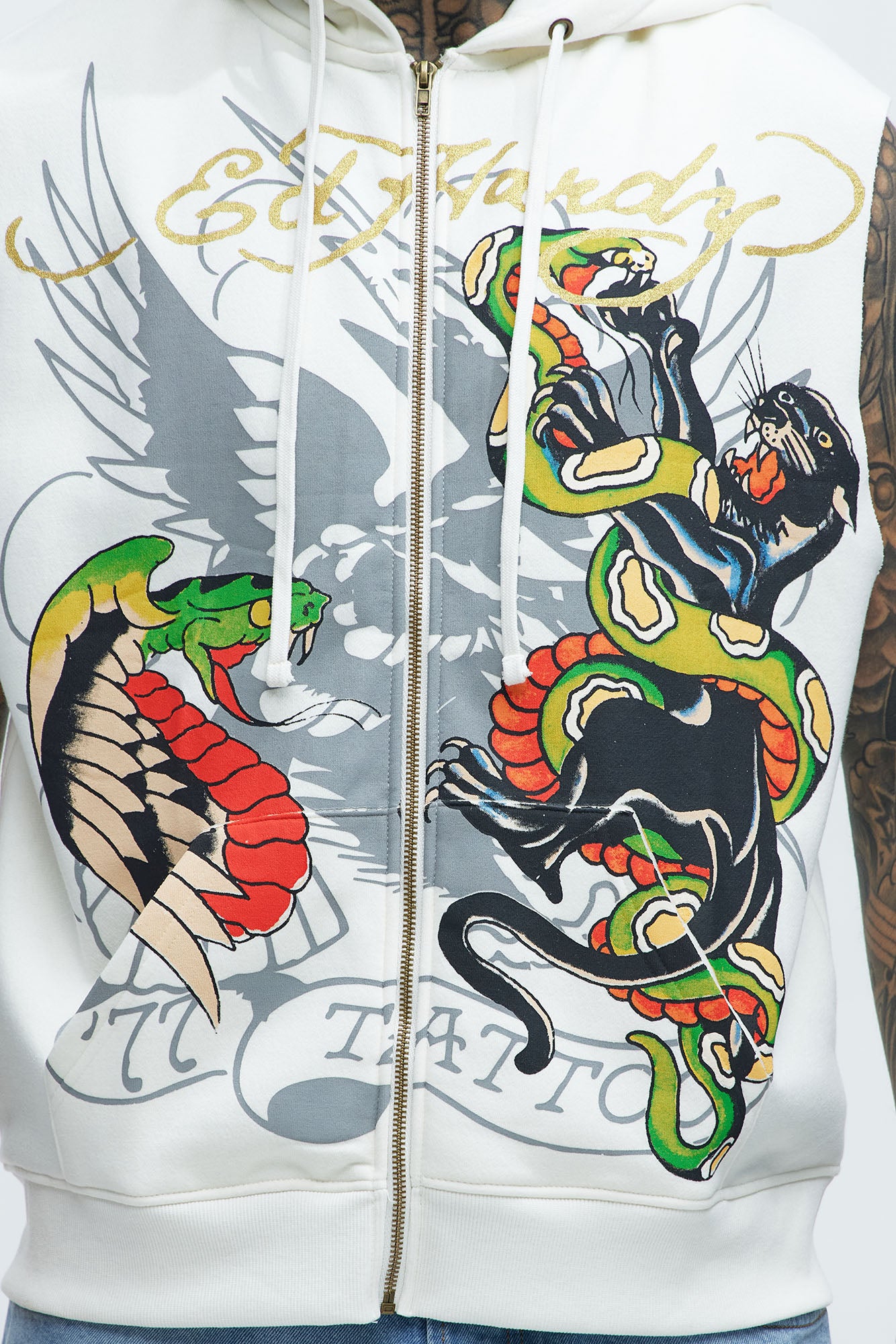 Ed Hardy Panther Snake Sleeveless Zip Up Hoodie - Ivory - Image 5