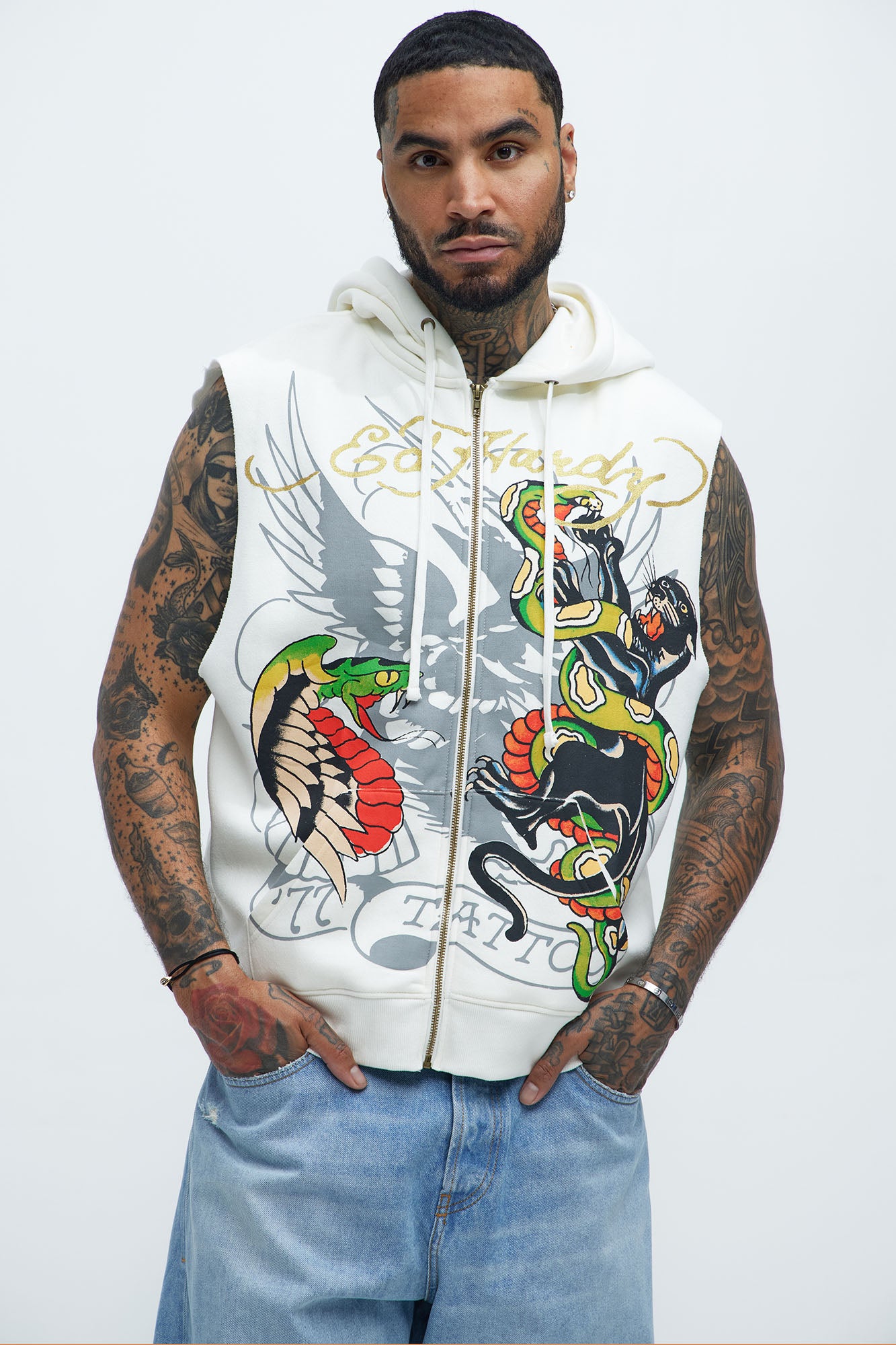 Ed Hardy Panther Snake Sleeveless Zip Up Hoodie - Ivory - Image 3