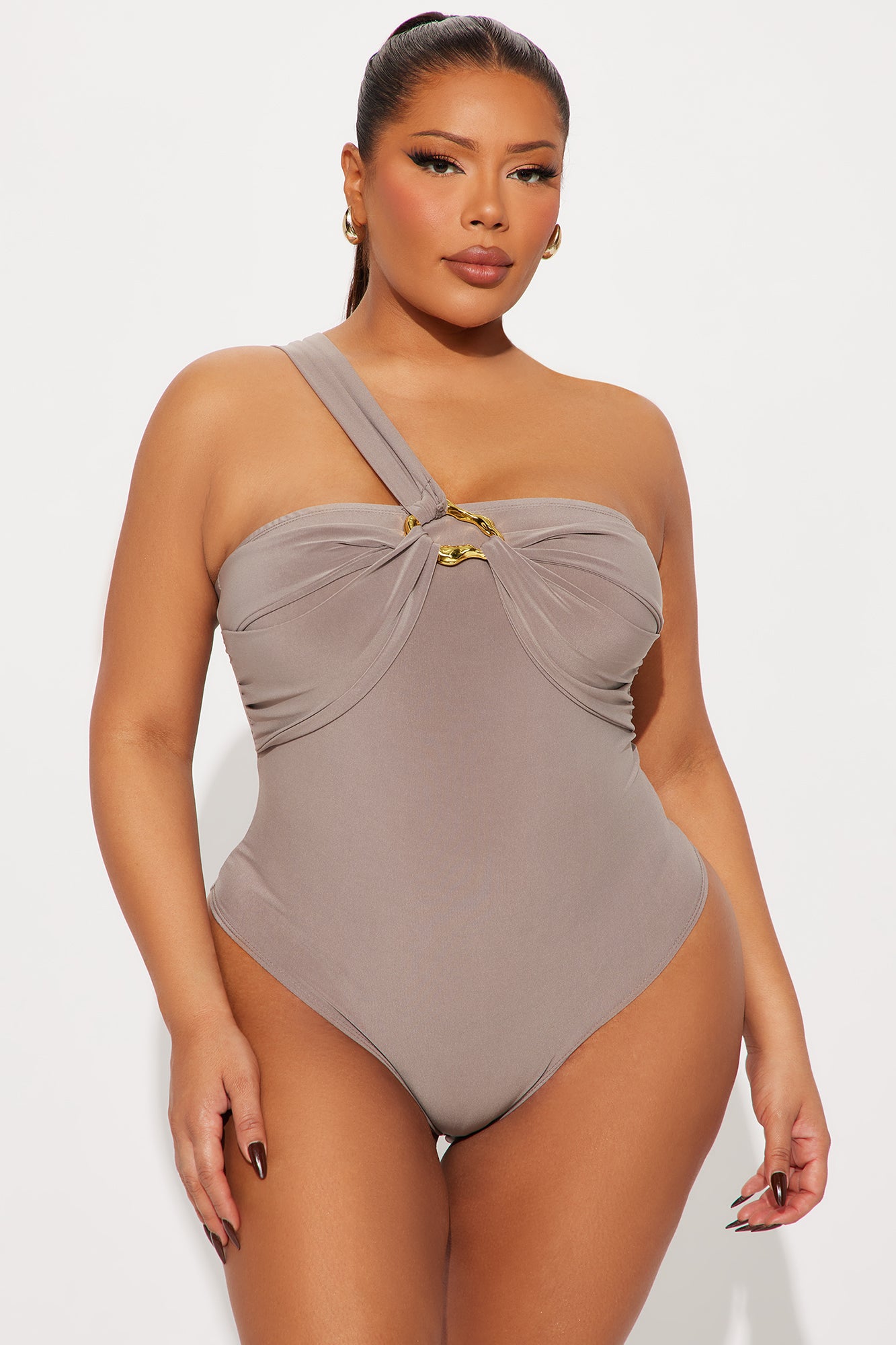 Annalise One Shoulder Ruched Bodysuit - Taupe - Image 6