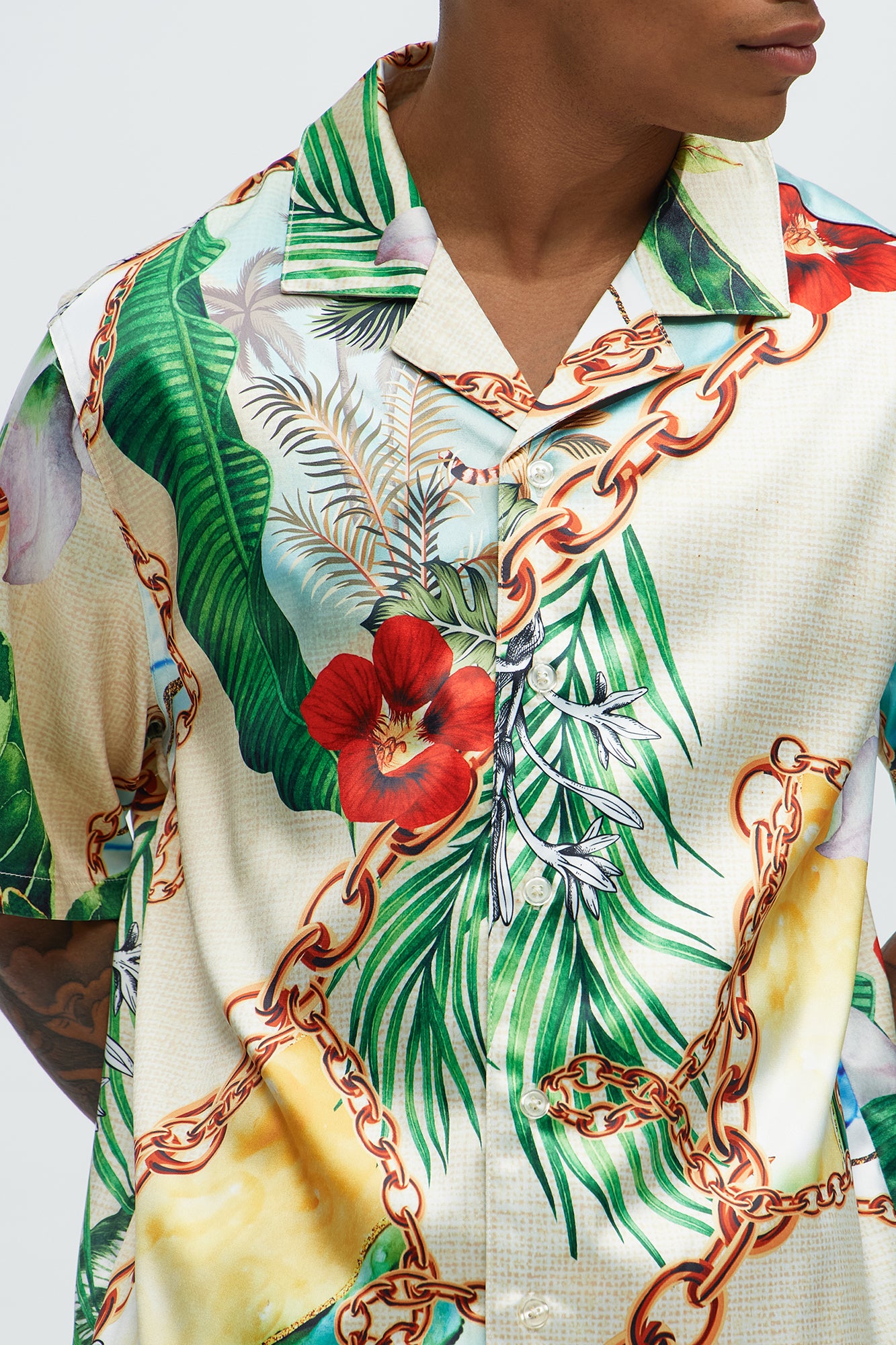 Palms And Chains Printed Cuban Collar Shirt - Multi Color - Image 3