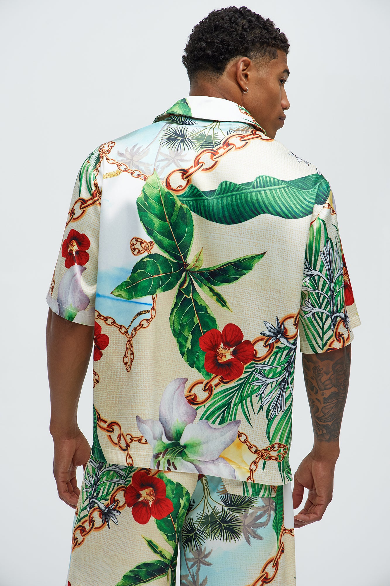 Palms And Chains Printed Cuban Collar Shirt - Multi Color - Image 4
