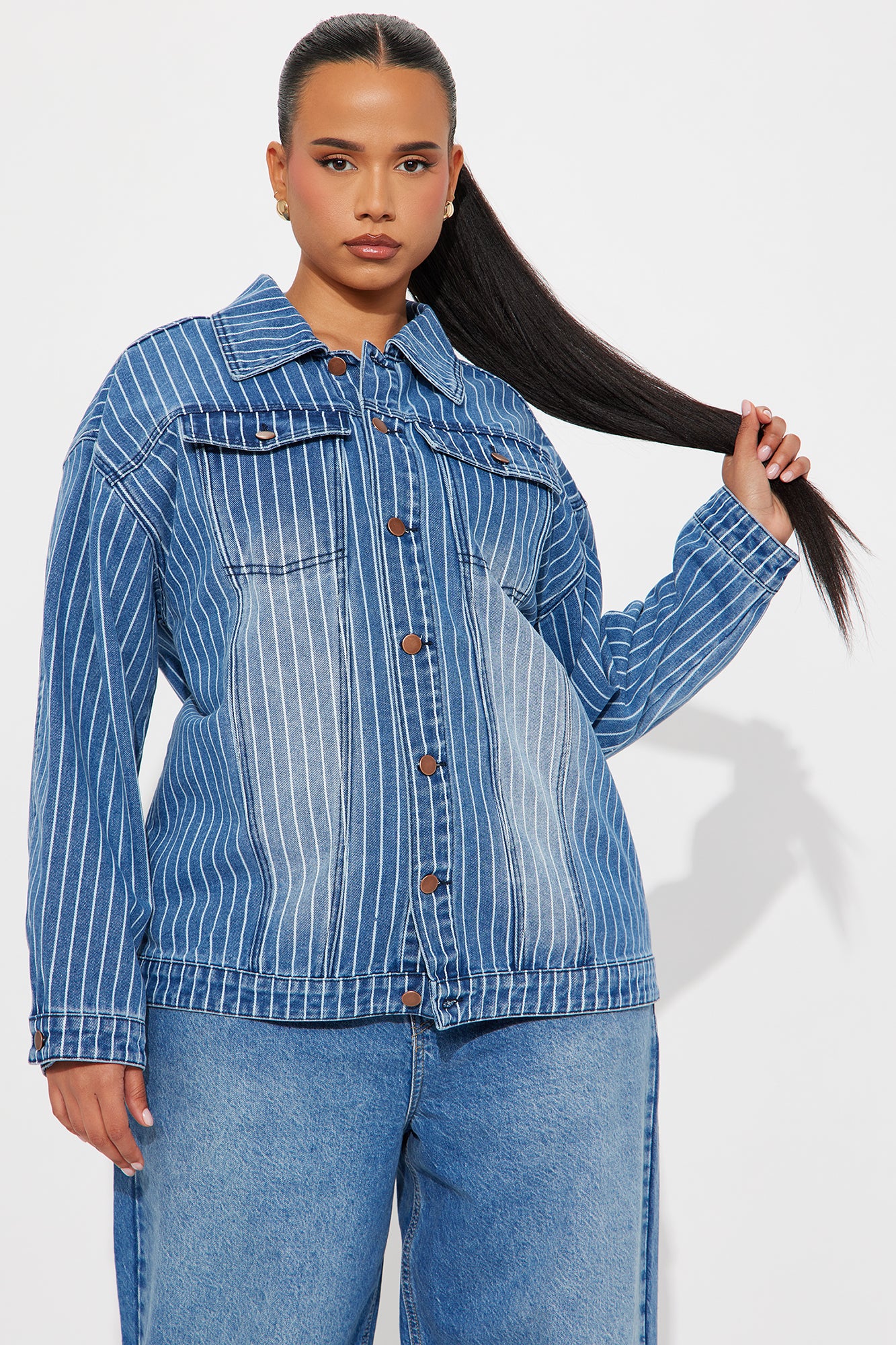 Penelope Pinstripe Denim Jacket - Medium Wash - Image 6