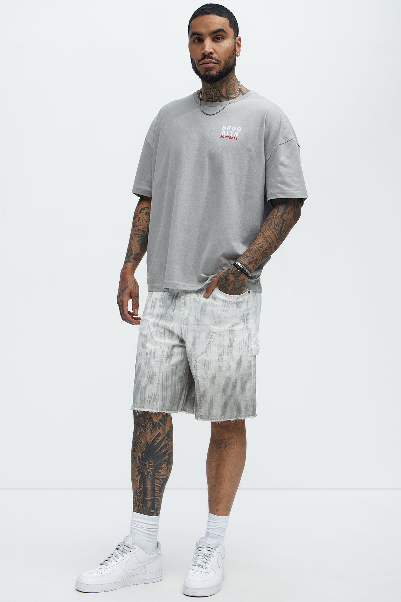 Brush Stained Relaxed Denim Carpenter Shorts - Grey - Image 3