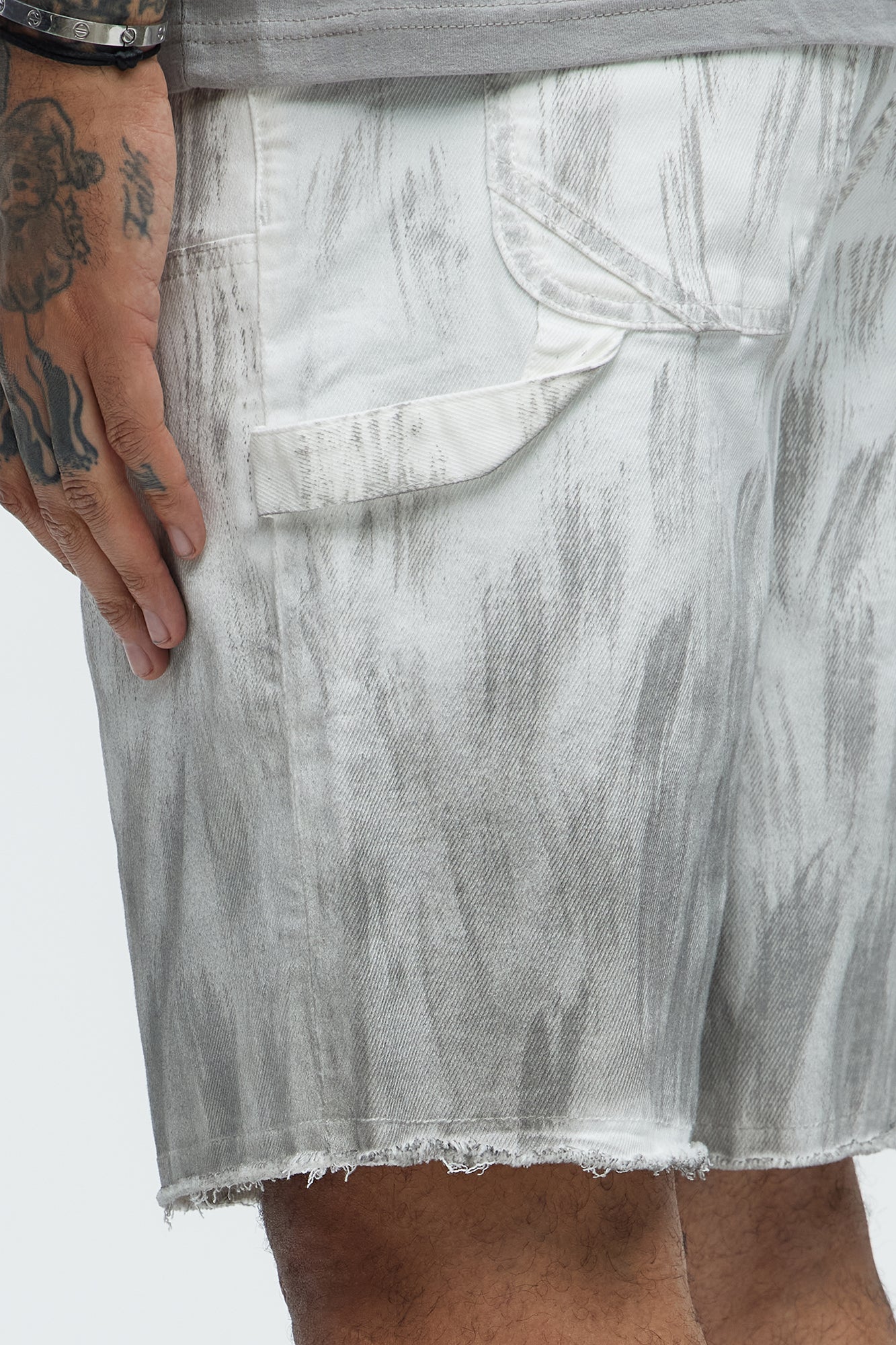 Brush Stained Relaxed Denim Carpenter Shorts - Grey - Image 5