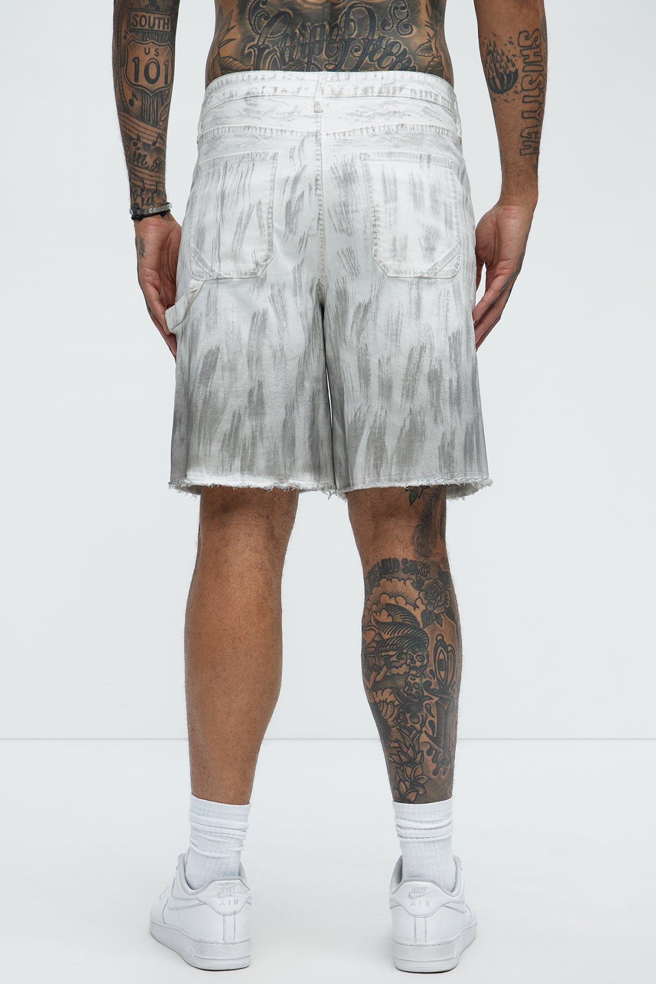 Brush Stained Relaxed Denim Carpenter Shorts - Grey - Image 4