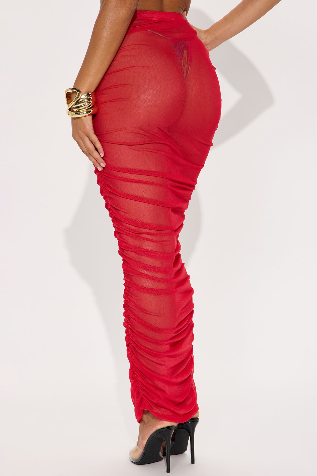 Summer Beach Party Ruched Mesh Cover Up Skirt - Red - Image 3