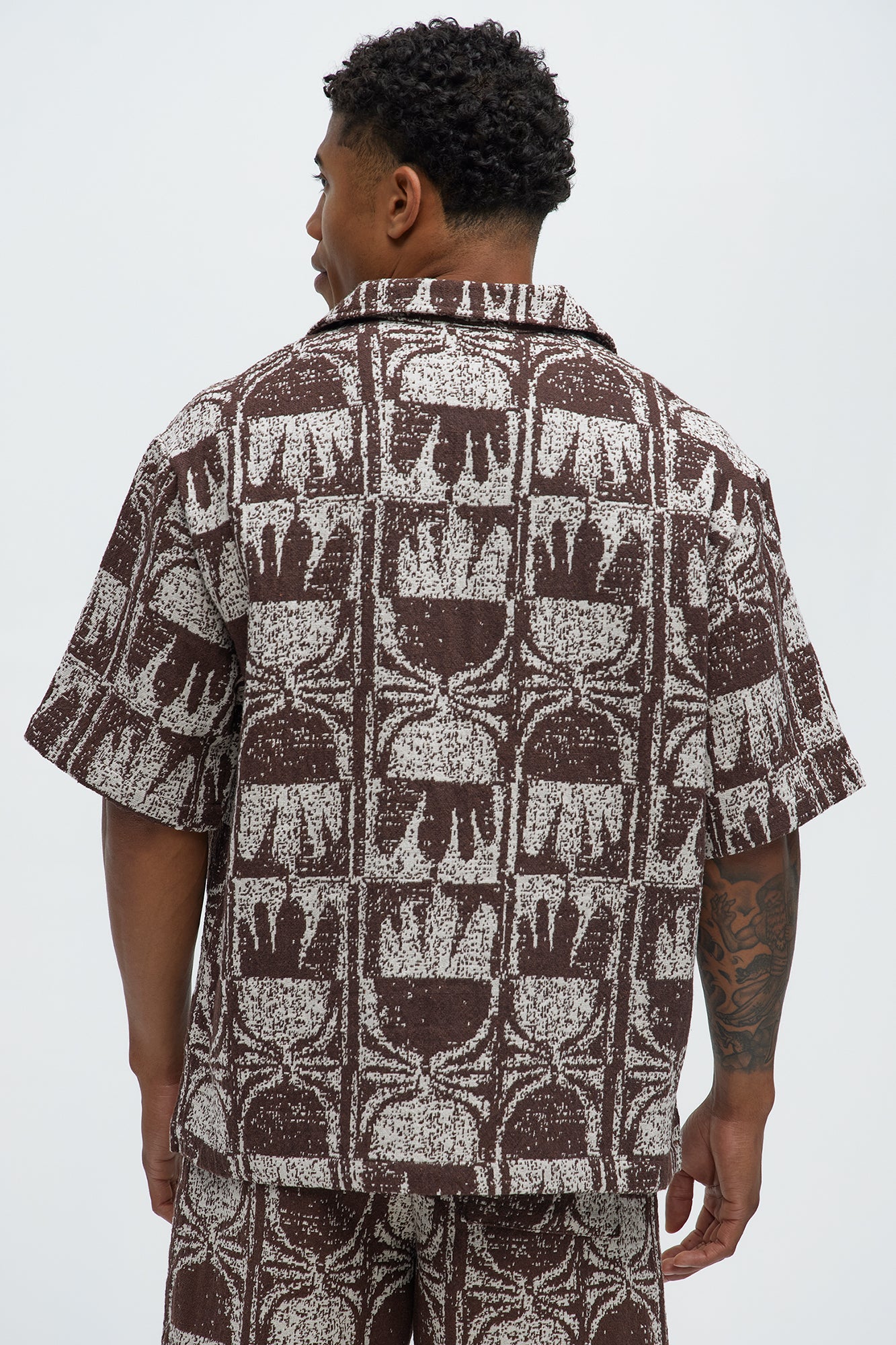 Tribal Pattern Cuban Button Down Shirt - Brown Combo - Image 4