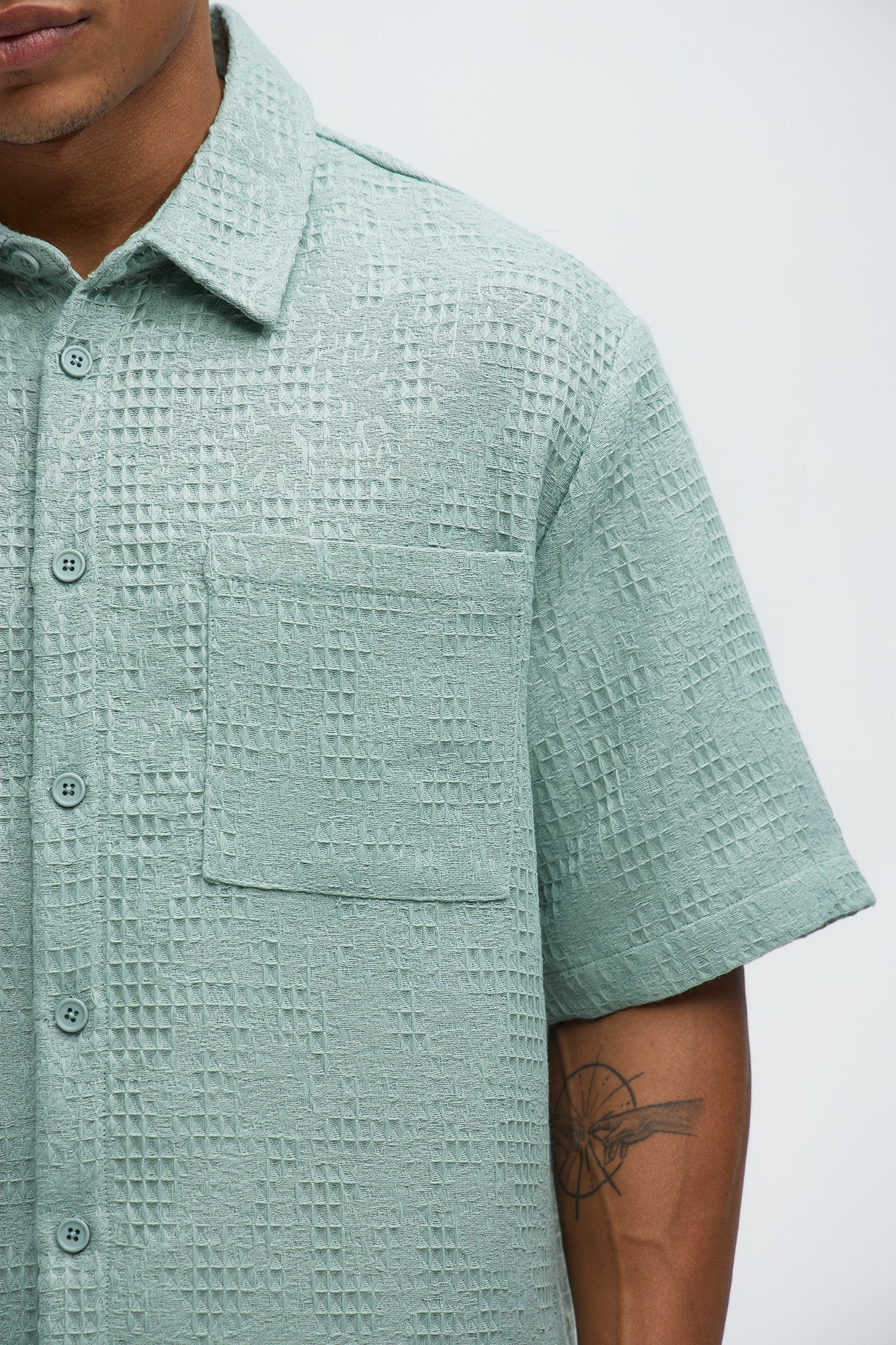 Subtle Waffle Texture Button Up Shirt - Sage - Image 3