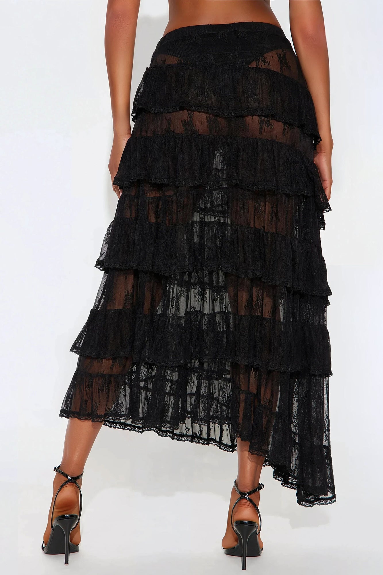 Hopeless Romantic Sheer Lace Asymmetrical Tiered Maxi Skirt - Black - Image 3
