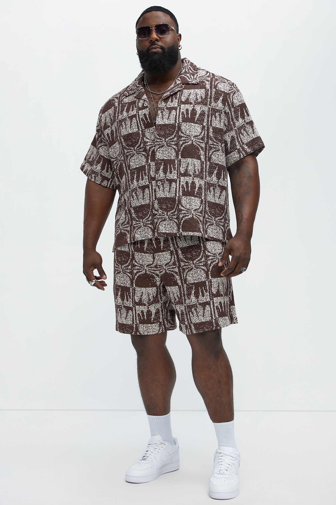 Tribal Pattern Cuban Button Down Shirt - Brown Combo - Image 6