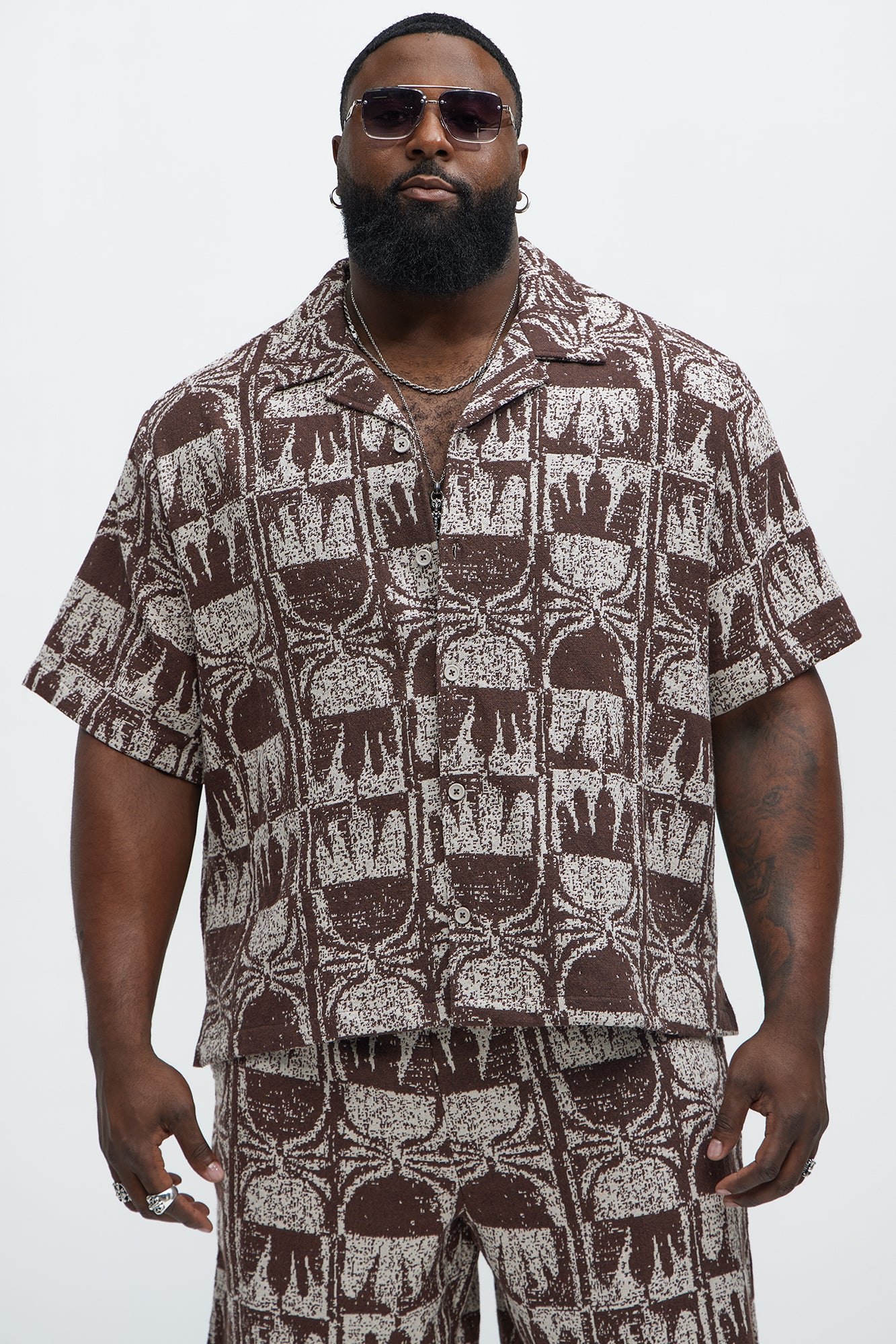 Tribal Pattern Cuban Button Down Shirt - Brown Combo - Image 5