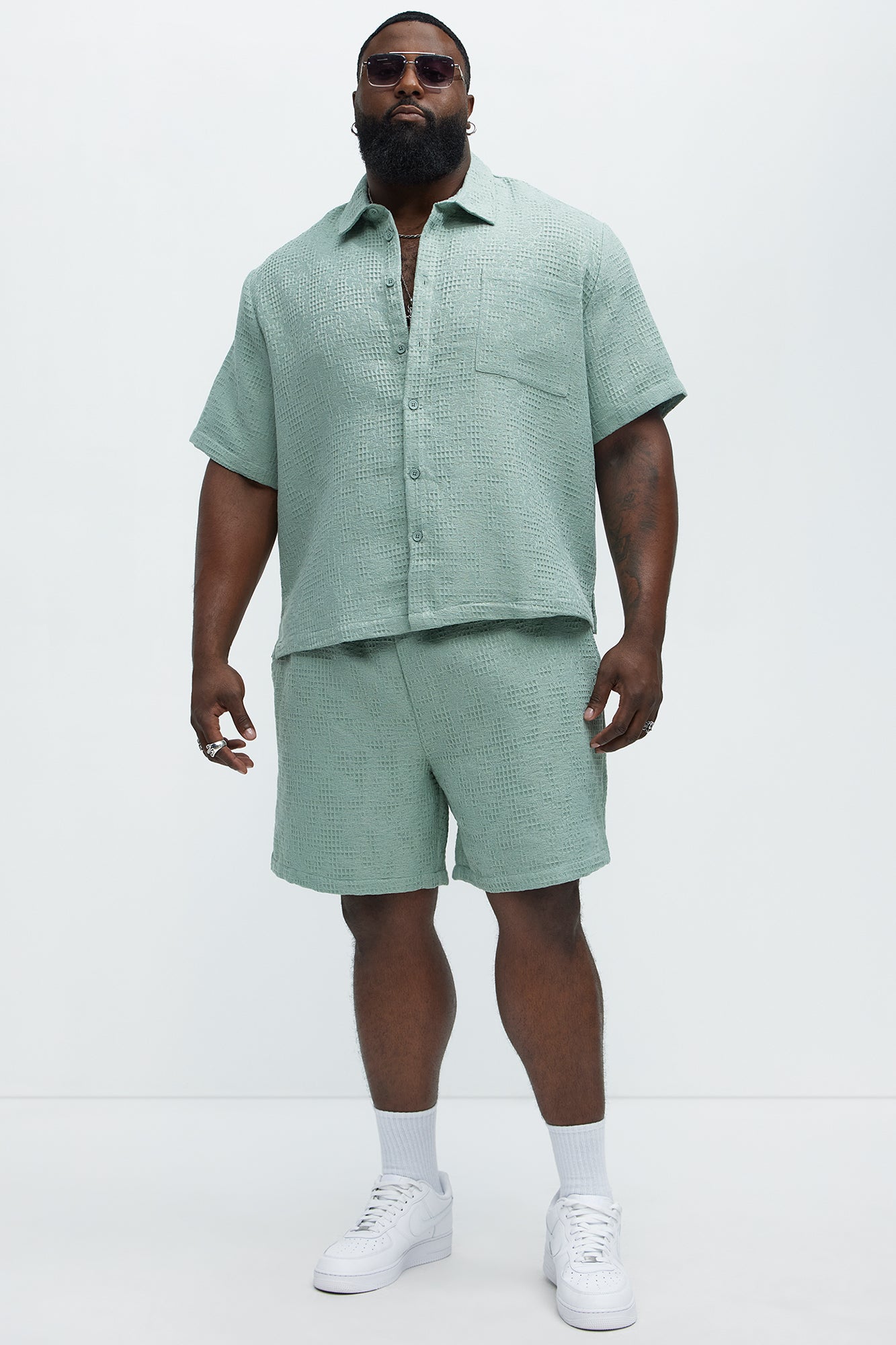 Subtle Waffle Texture Button Up Shirt - Sage - Image 6