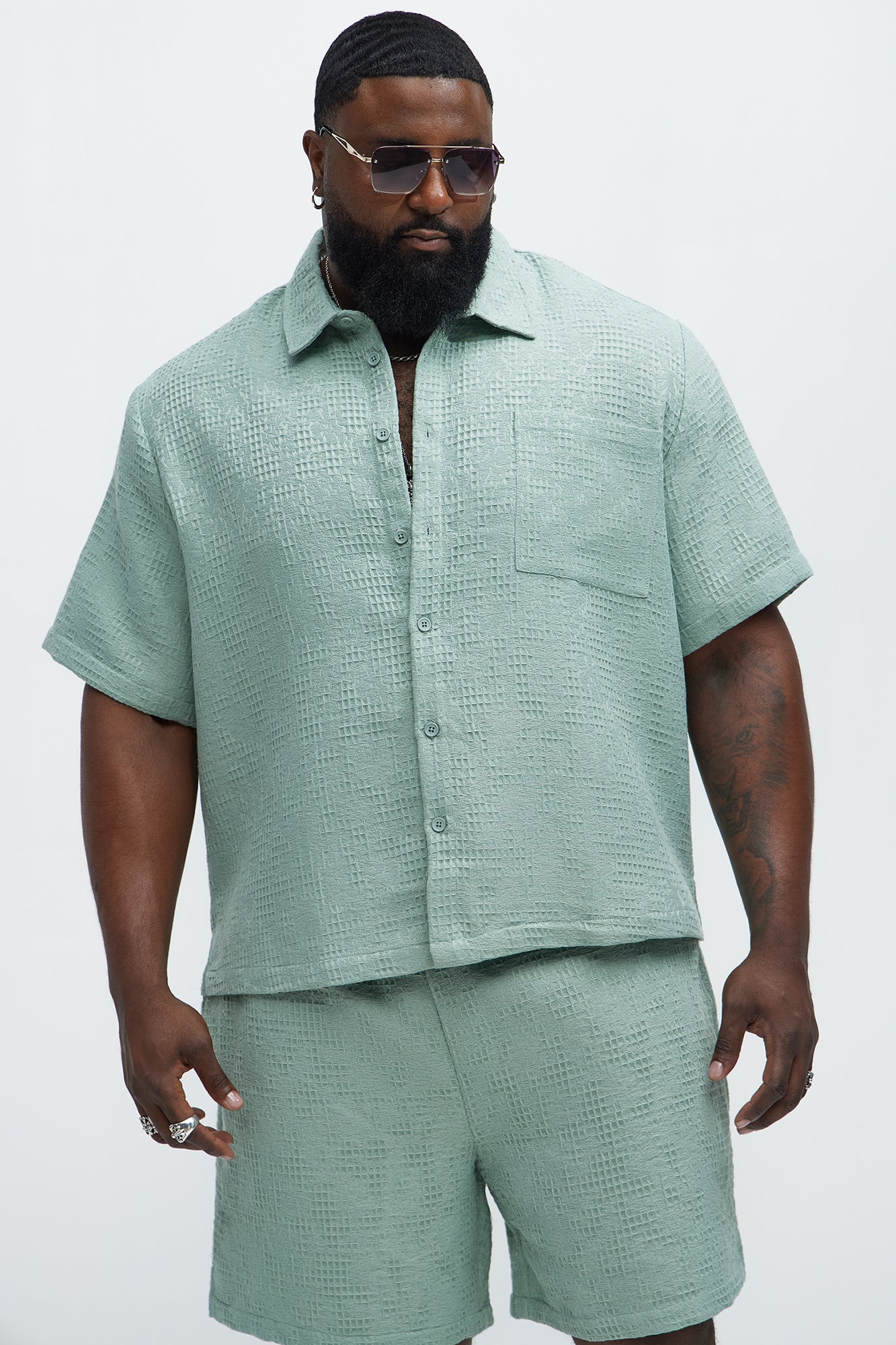 Subtle Waffle Texture Button Up Shirt - Sage - Image 5