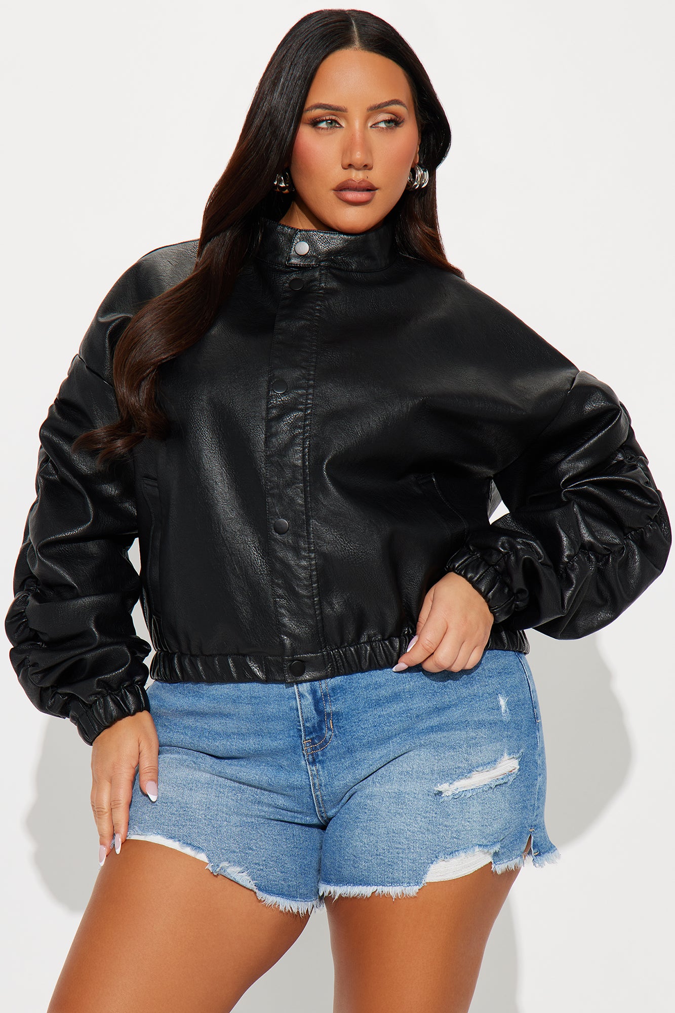 Chloe Ruched Faux Leather Bomber Jacket - Black - Image 6