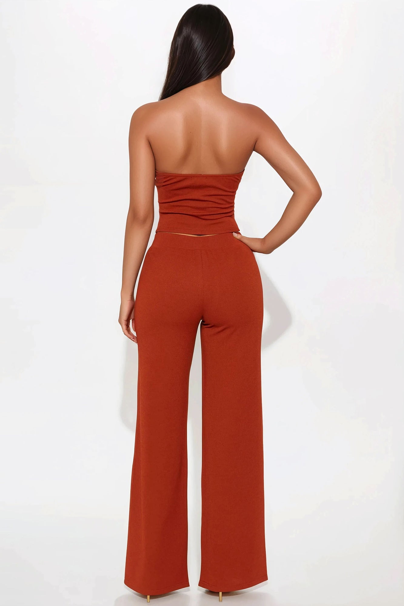Zurie Strapless Ribbed Wide Leg Pant Set - Rust - Image 3