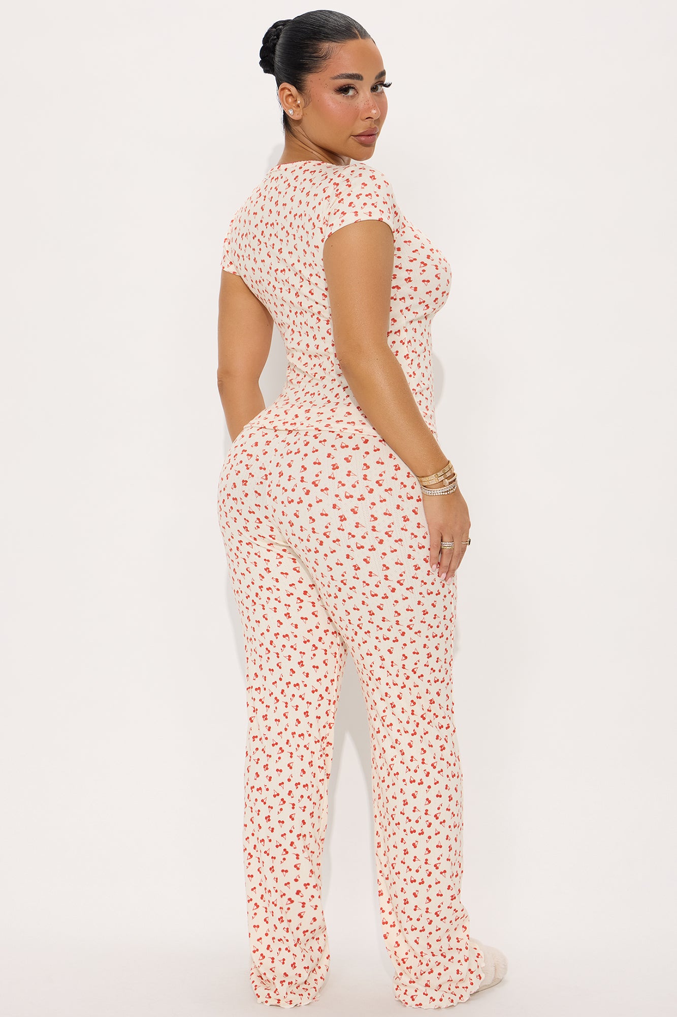 Cherry Dreaming Pointelle Short Sleeve PJ Pant Set - Ivory/combo - Image 4