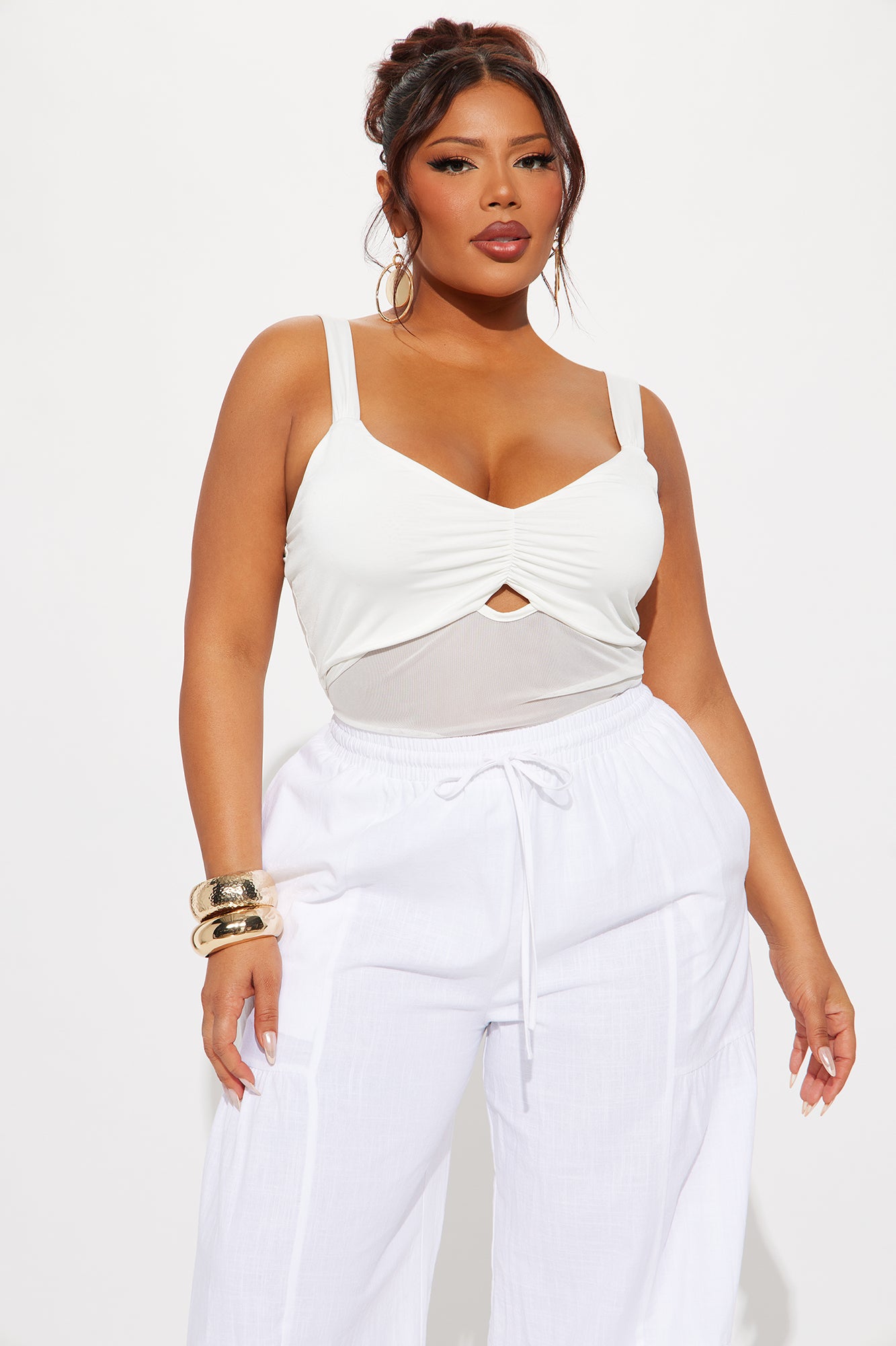 Alluring Mesh Cut Out Ruched Bodysuit - White - Image 7