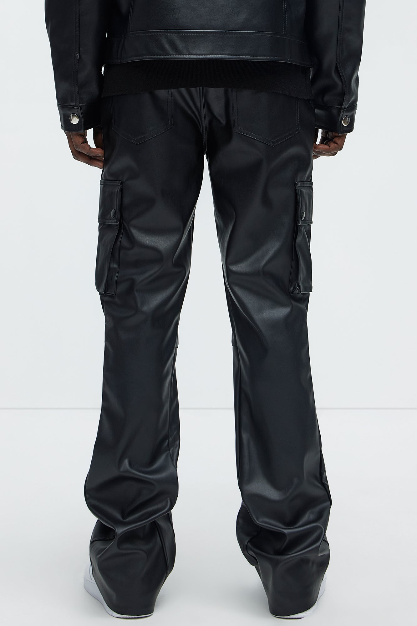 Finest Faux Leather Cargo Slim Flare Pants - Black - Image 4