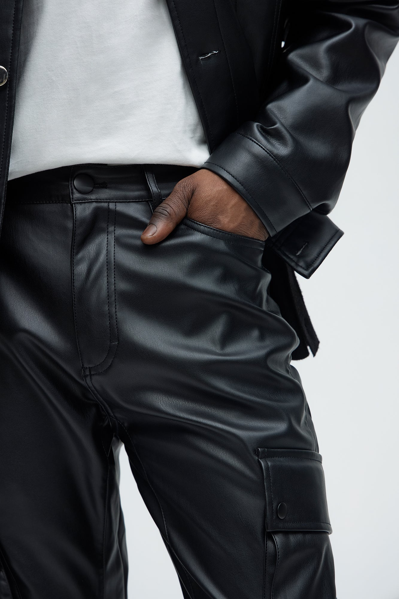 Finest Faux Leather Cargo Slim Flare Pants - Black - Image 3