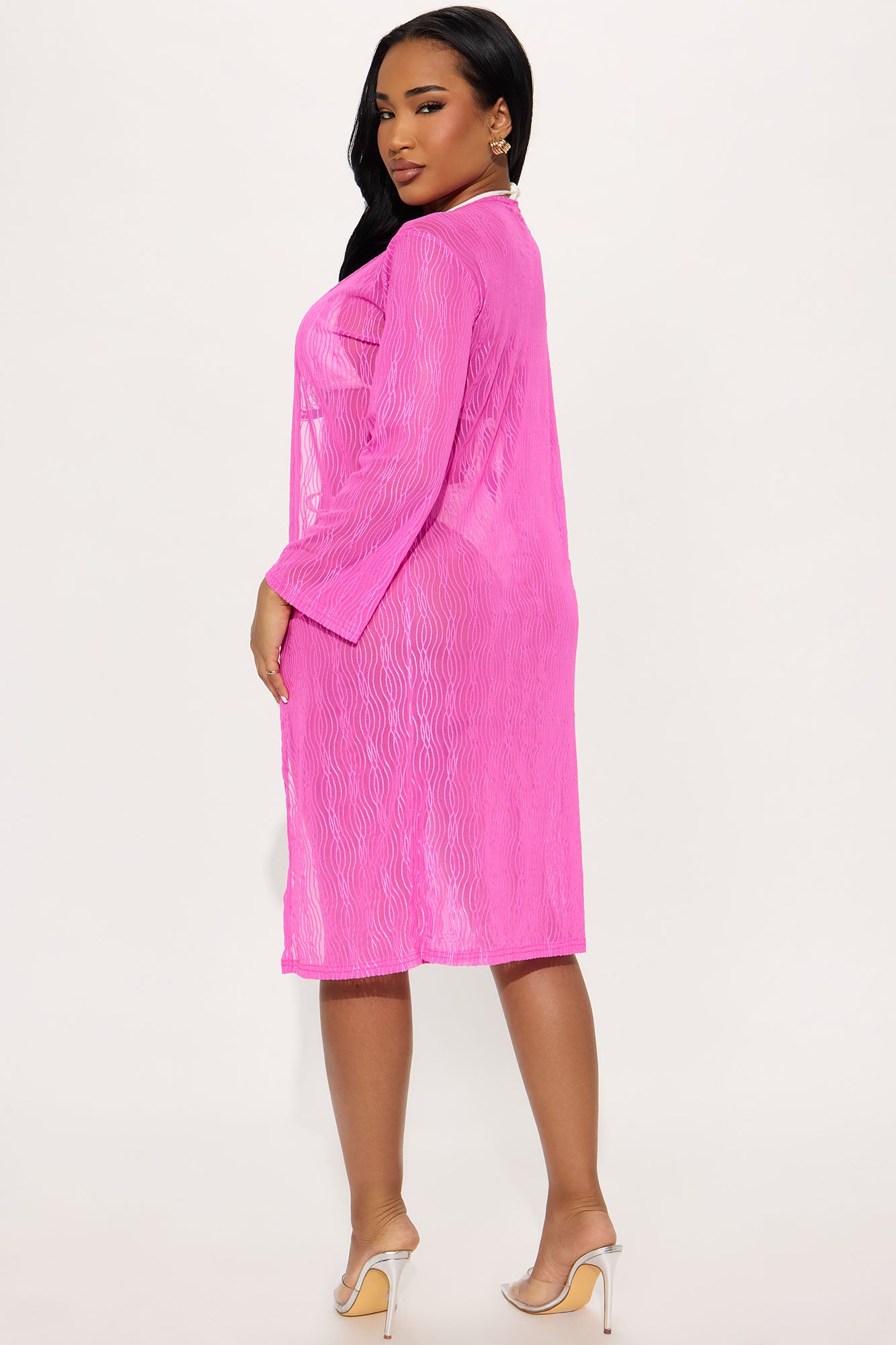 Summer Wave Textured Mesh Cover Up Kimono - Pink - Image 3