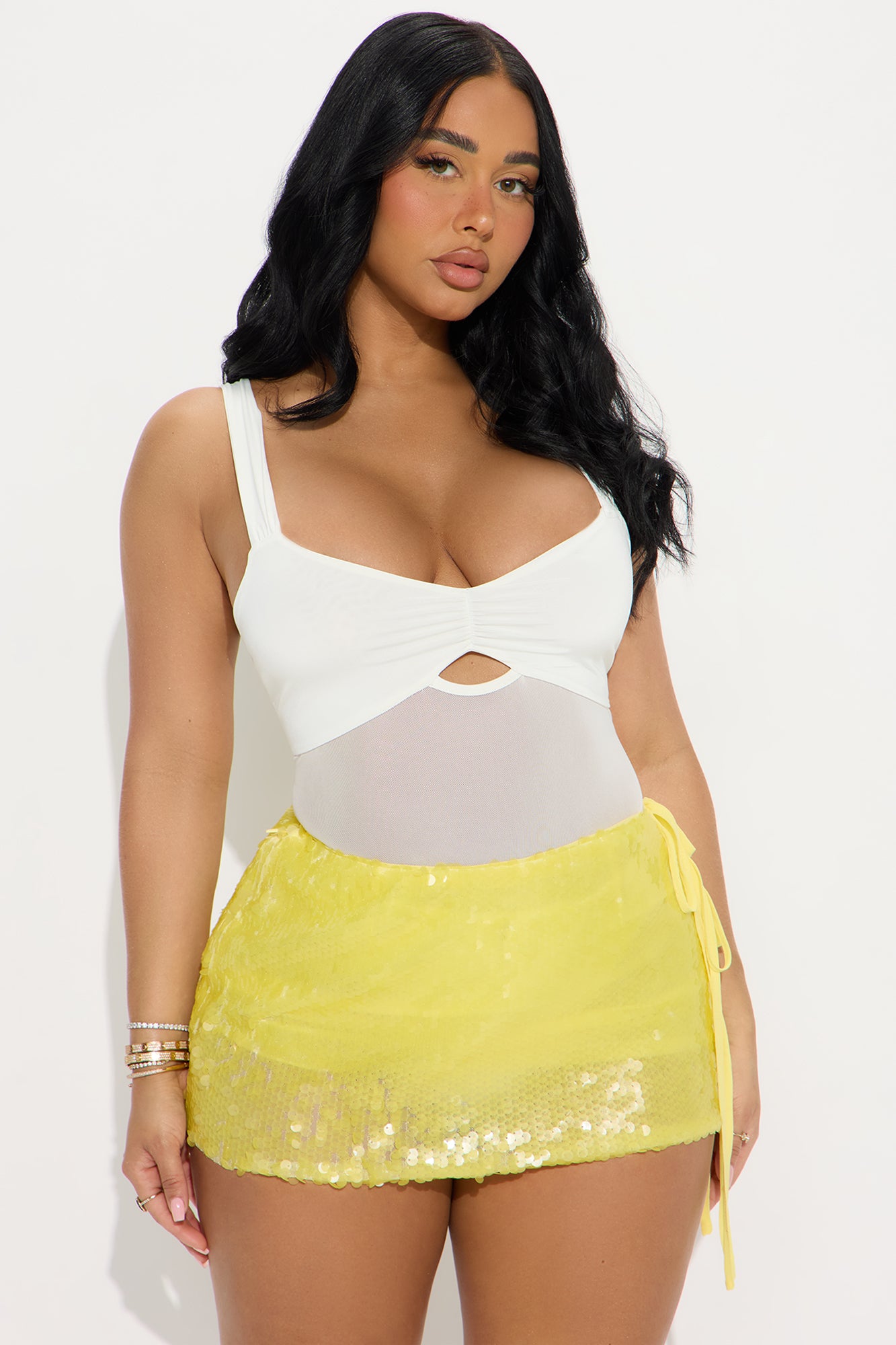 Alluring Mesh Cut Out Ruched Bodysuit - White - Image 3
