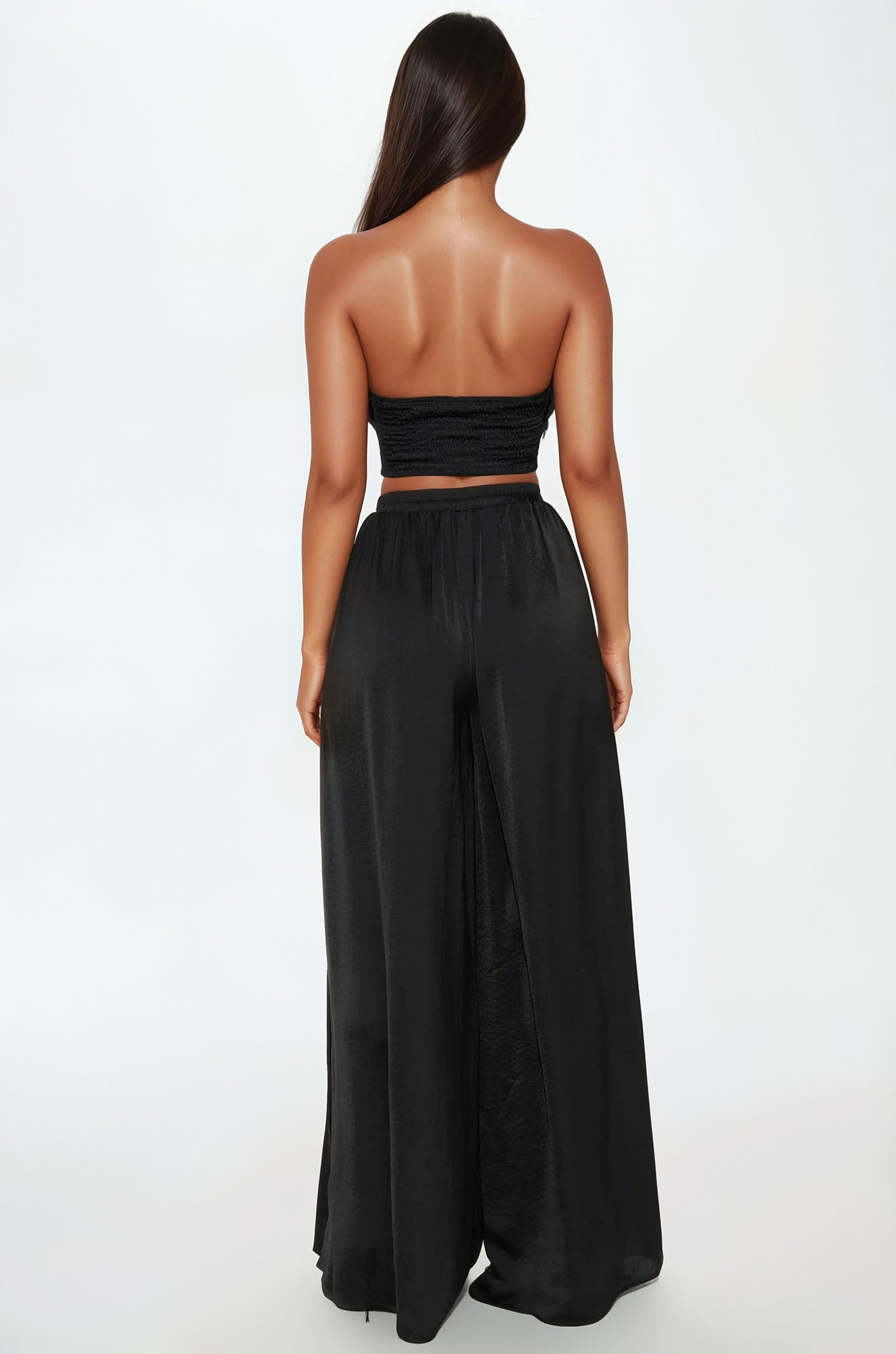 Eloise Satin Tube Top And Wide Leg Pant Set - Black - Image 3