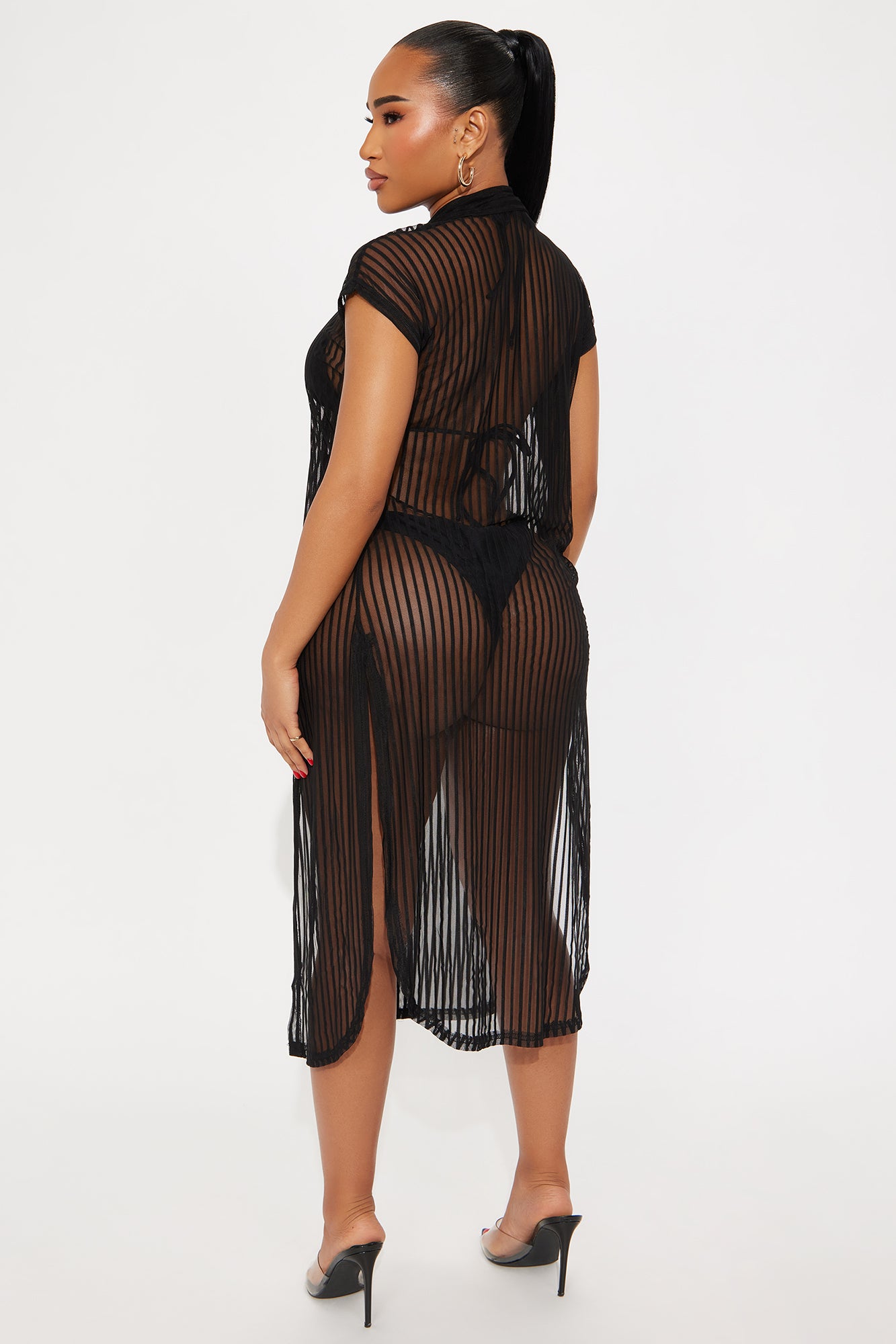 Palm Shade Stripe Midi Button Up Cover Up - Black - Image 3